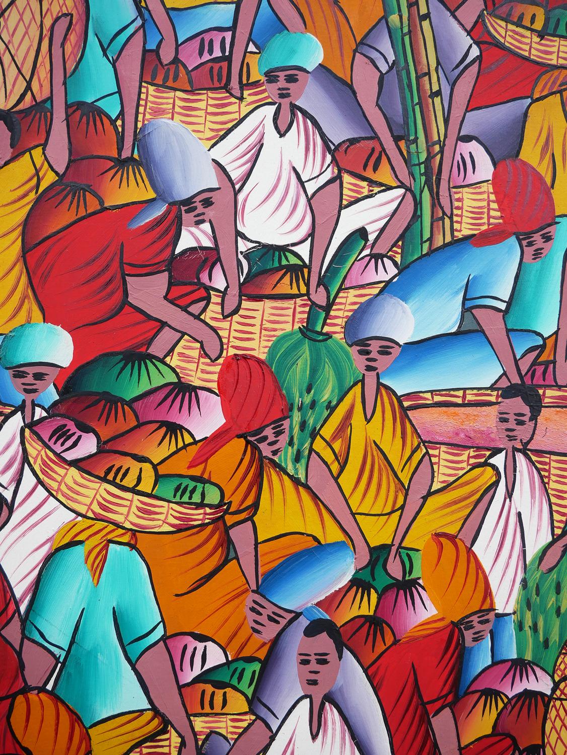 Pintura abstracta figurativa haitiana en tonos joya de campesinos en una aldea 6