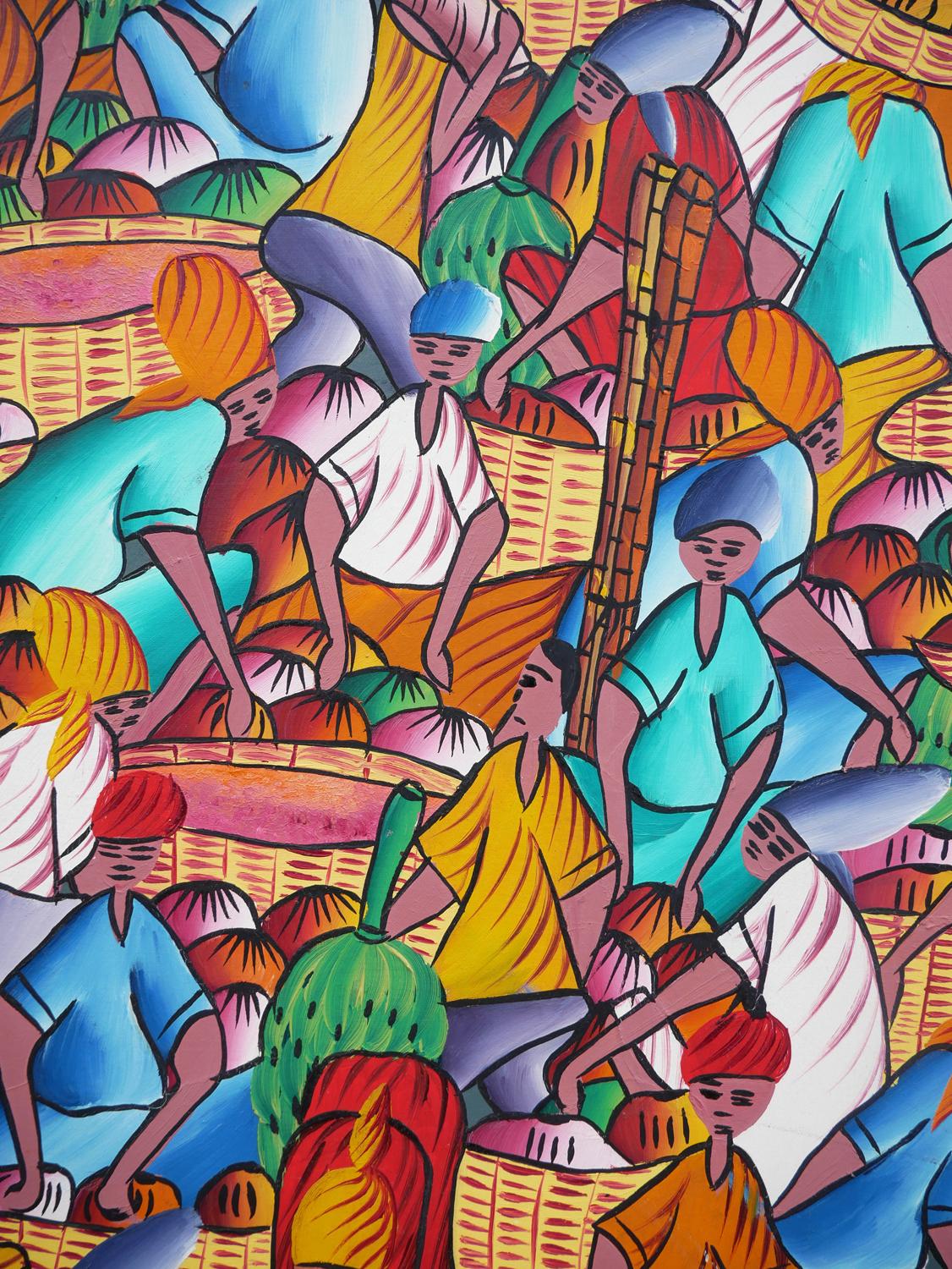 Pintura abstracta figurativa haitiana en tonos joya de campesinos en una aldea 7