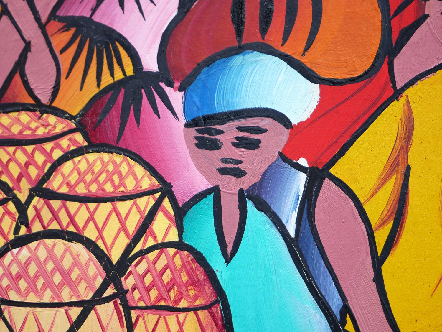 Pintura abstracta figurativa haitiana en tonos joya de campesinos en una aldea 8