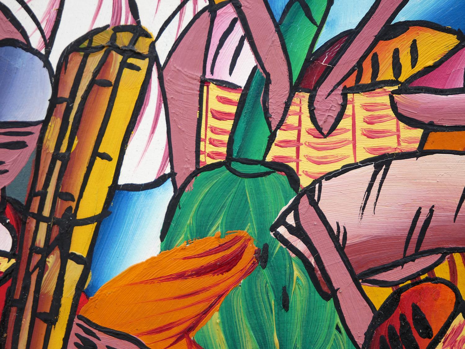 Pintura abstracta figurativa haitiana en tonos joya de campesinos en una aldea 9