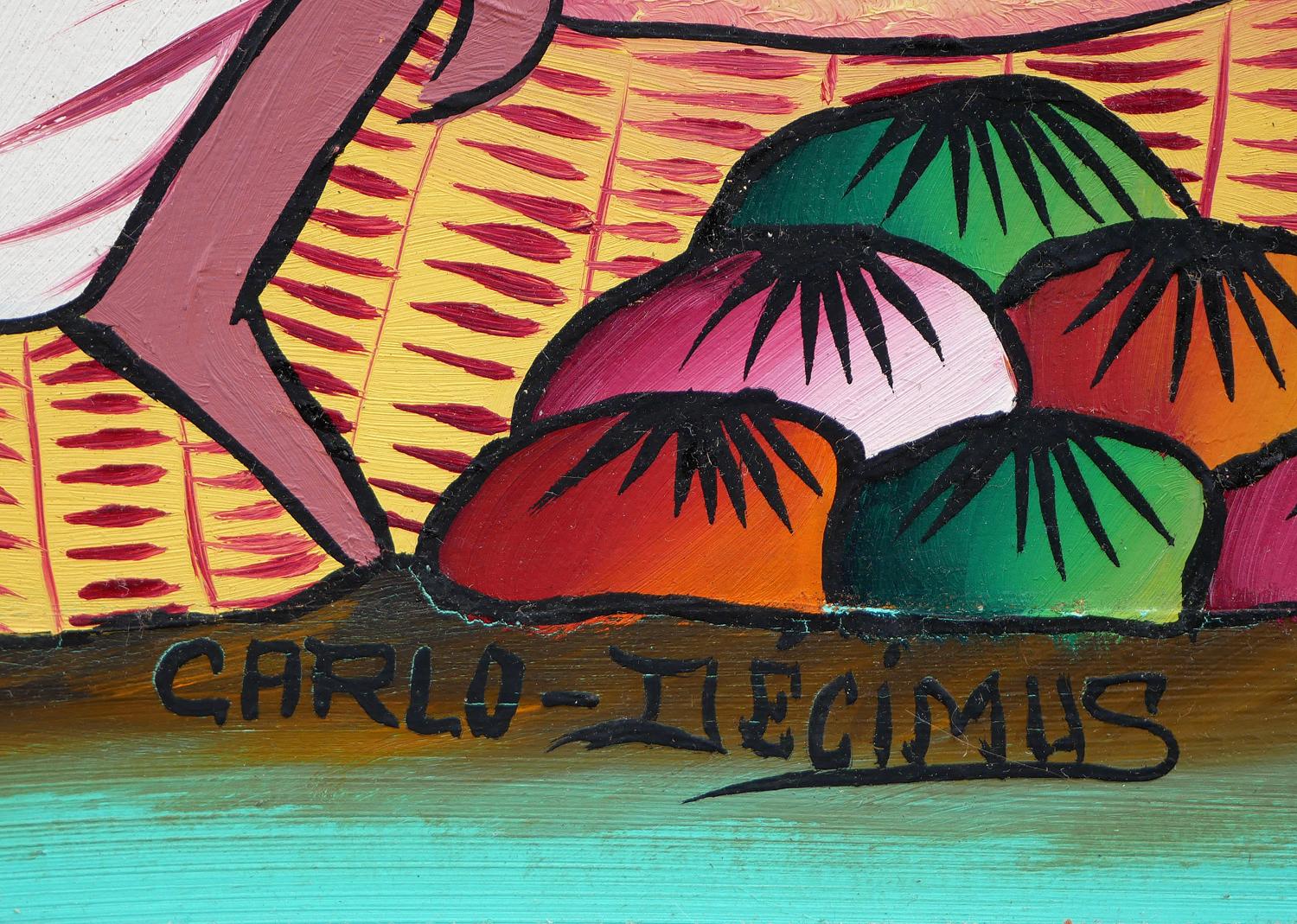 Pintura abstracta figurativa haitiana en tonos joya de campesinos en una aldea 10