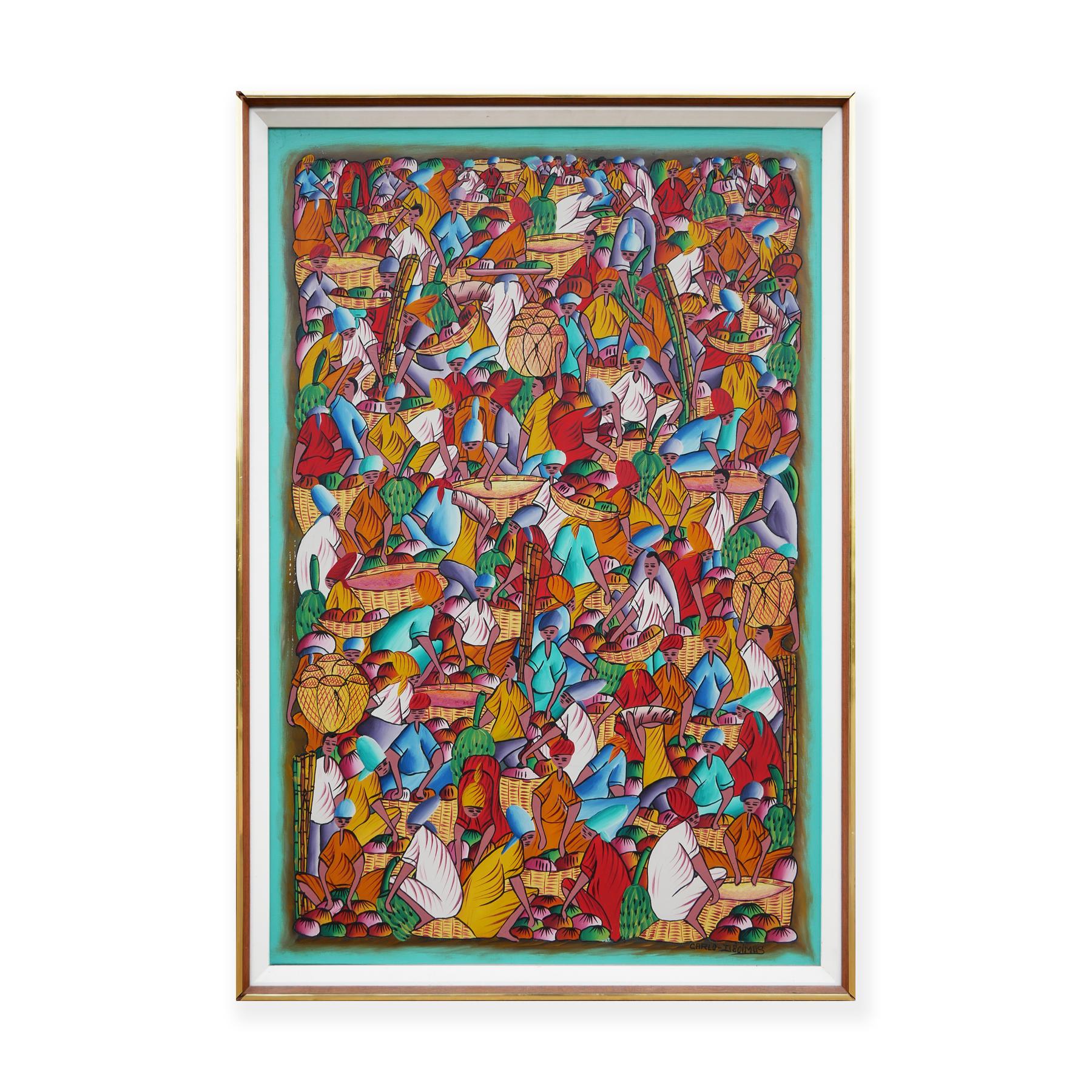 Pintura abstracta figurativa haitiana en tonos joya de campesinos en una aldea - Painting de Carlo Decimus