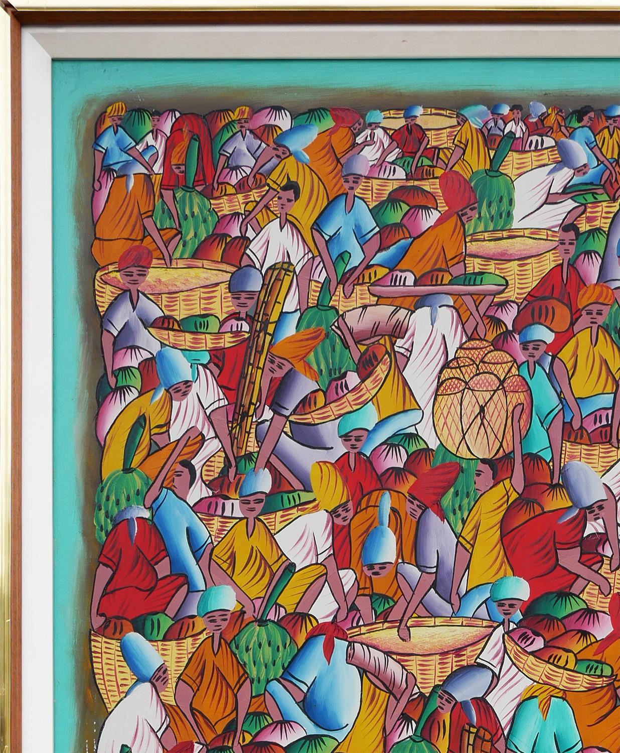 Pintura abstracta figurativa haitiana en tonos joya de campesinos en una aldea - Painting Abstracto de Carlo Decimus