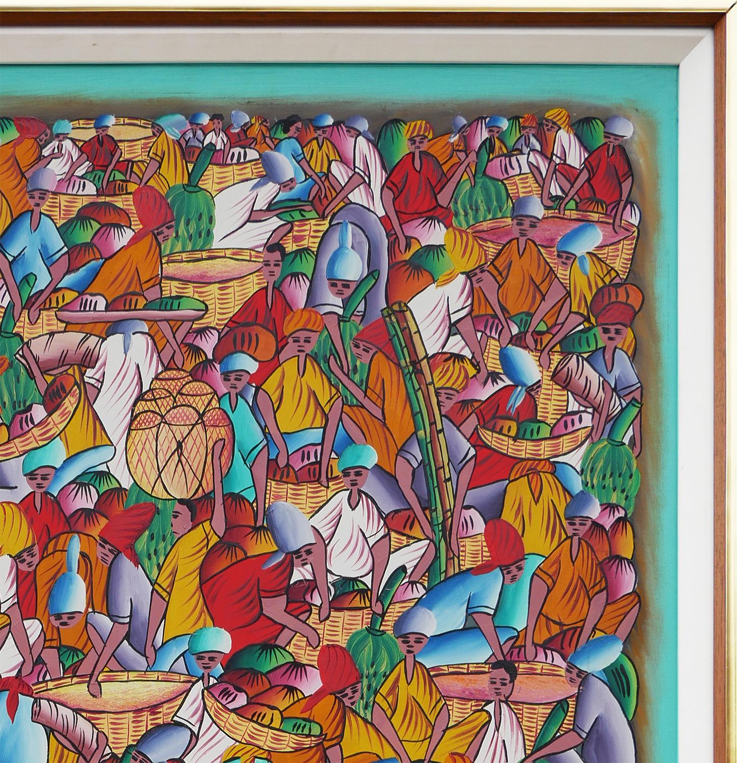 Pintura abstracta figurativa verde azulado, rojo y amarillo del artista haitiano Carlos Decimus. La pieza representa figuras repetitivas realizando actividades pastoriles, como llevar y recoger cosechas y vender frutas de colores en una cesta