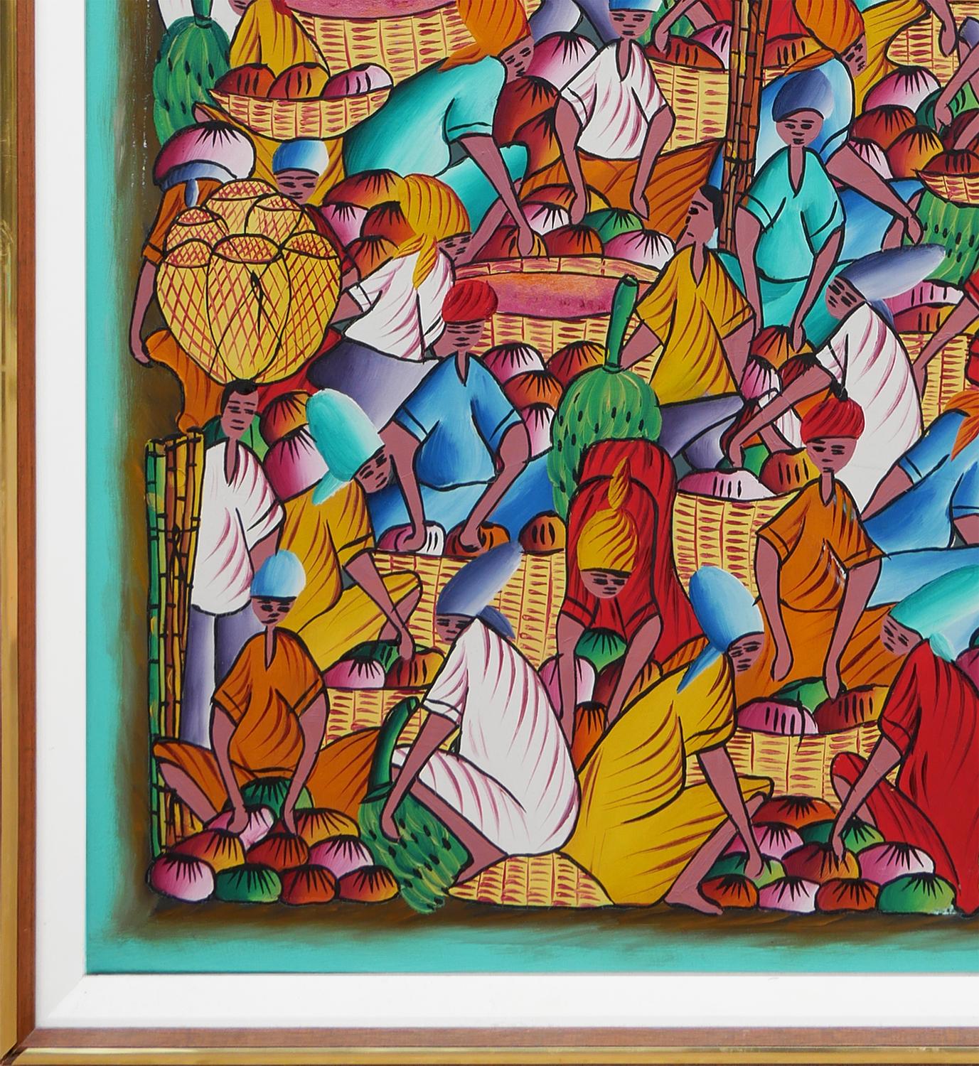 Pintura abstracta figurativa haitiana en tonos joya de campesinos en una aldea 1