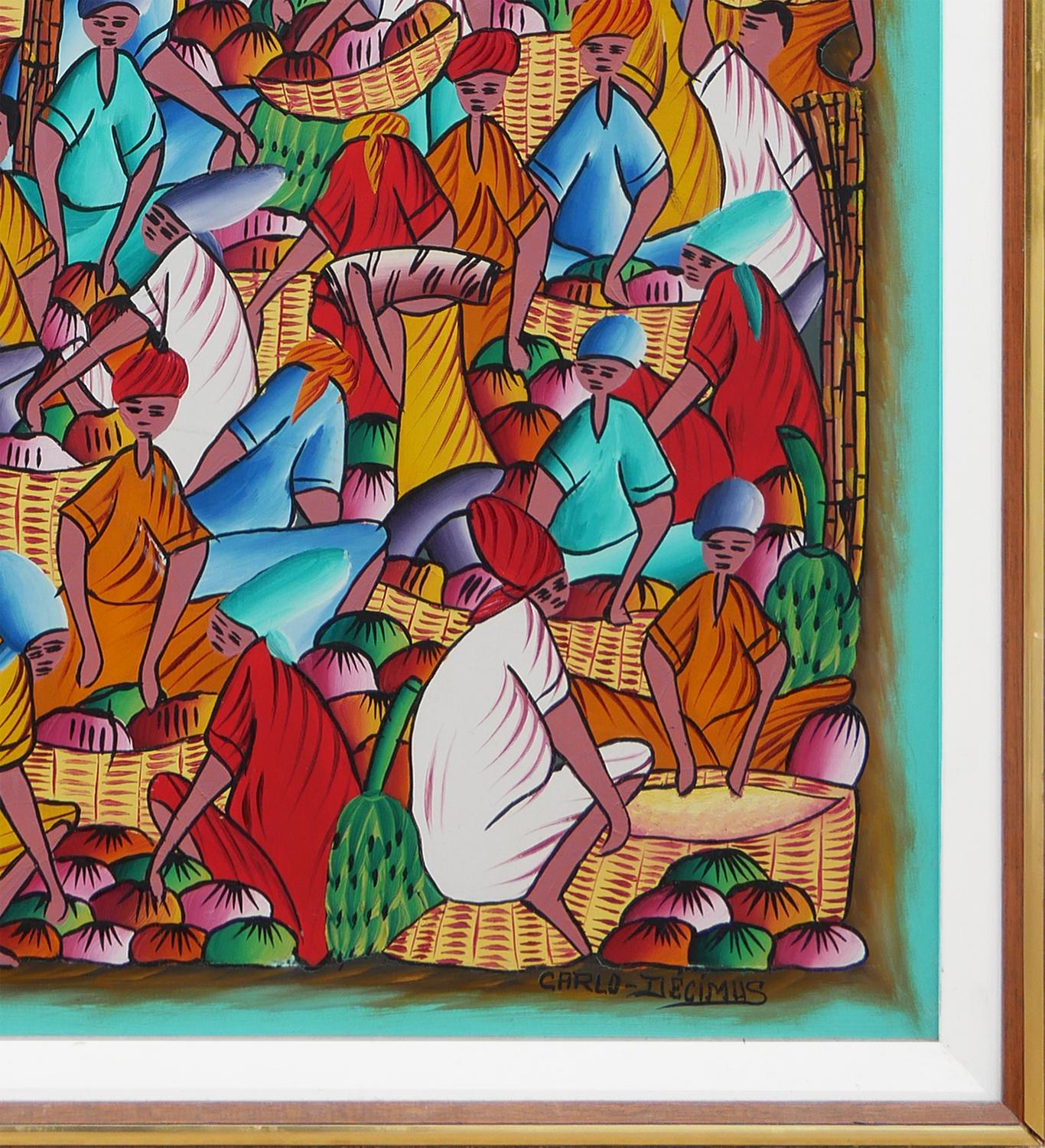 Pintura abstracta figurativa haitiana en tonos joya de campesinos en una aldea 2