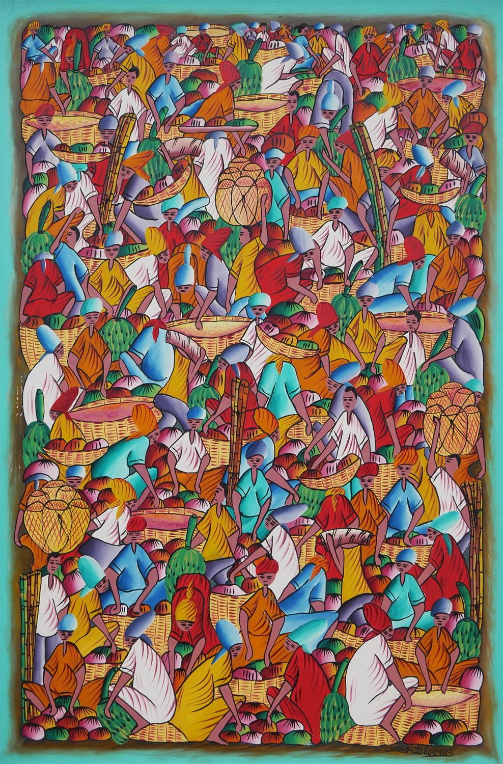 Pintura abstracta figurativa haitiana en tonos joya de campesinos en una aldea 3