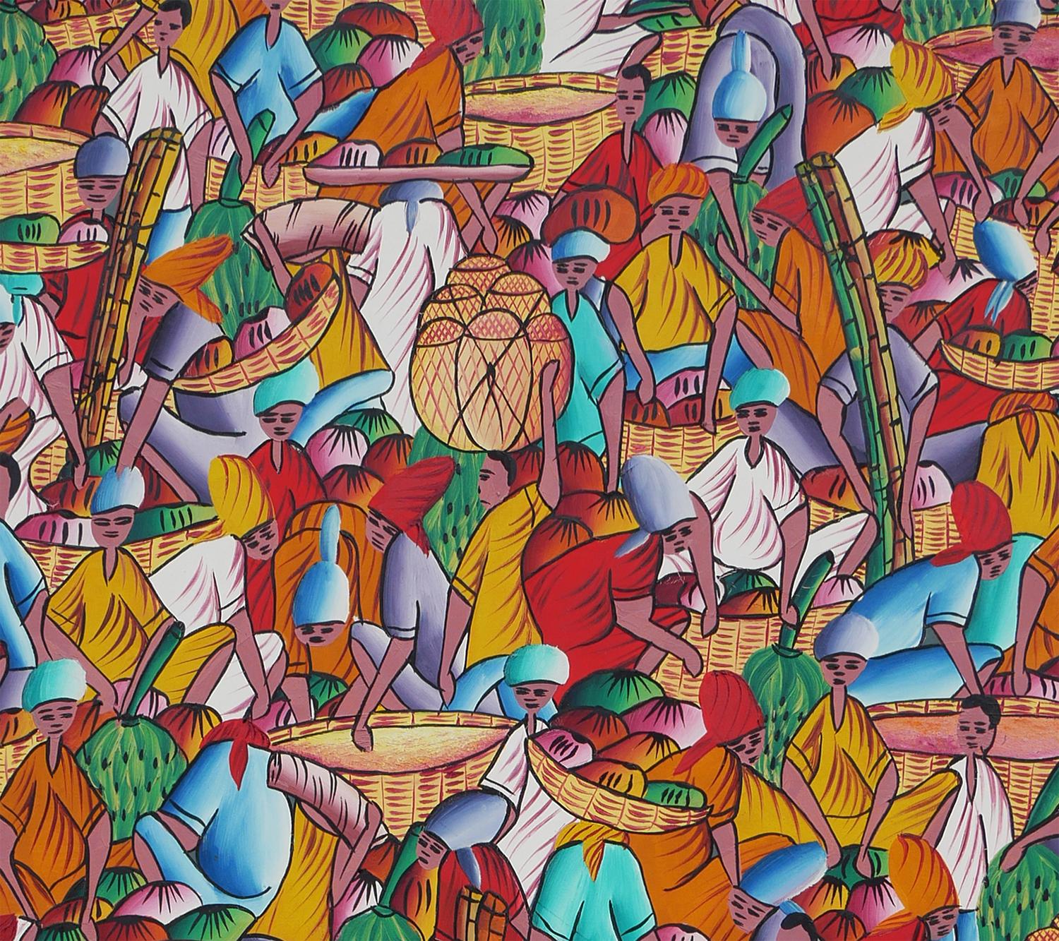 Pintura abstracta figurativa haitiana en tonos joya de campesinos en una aldea 4