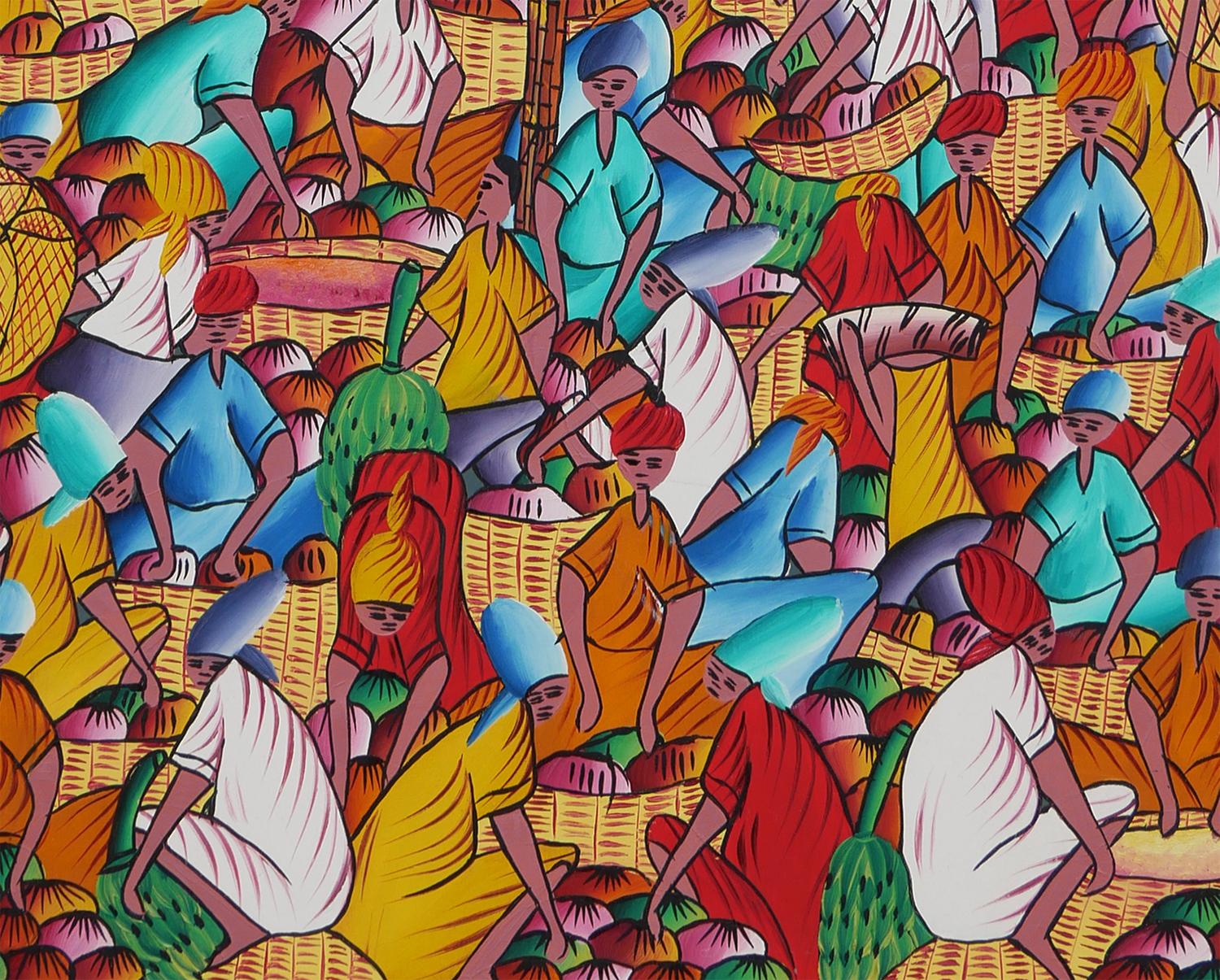 Pintura abstracta figurativa haitiana en tonos joya de campesinos en una aldea 5