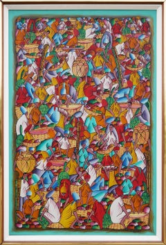 Pintura abstracta figurativa haitiana en tonos joya de campesinos en una aldea