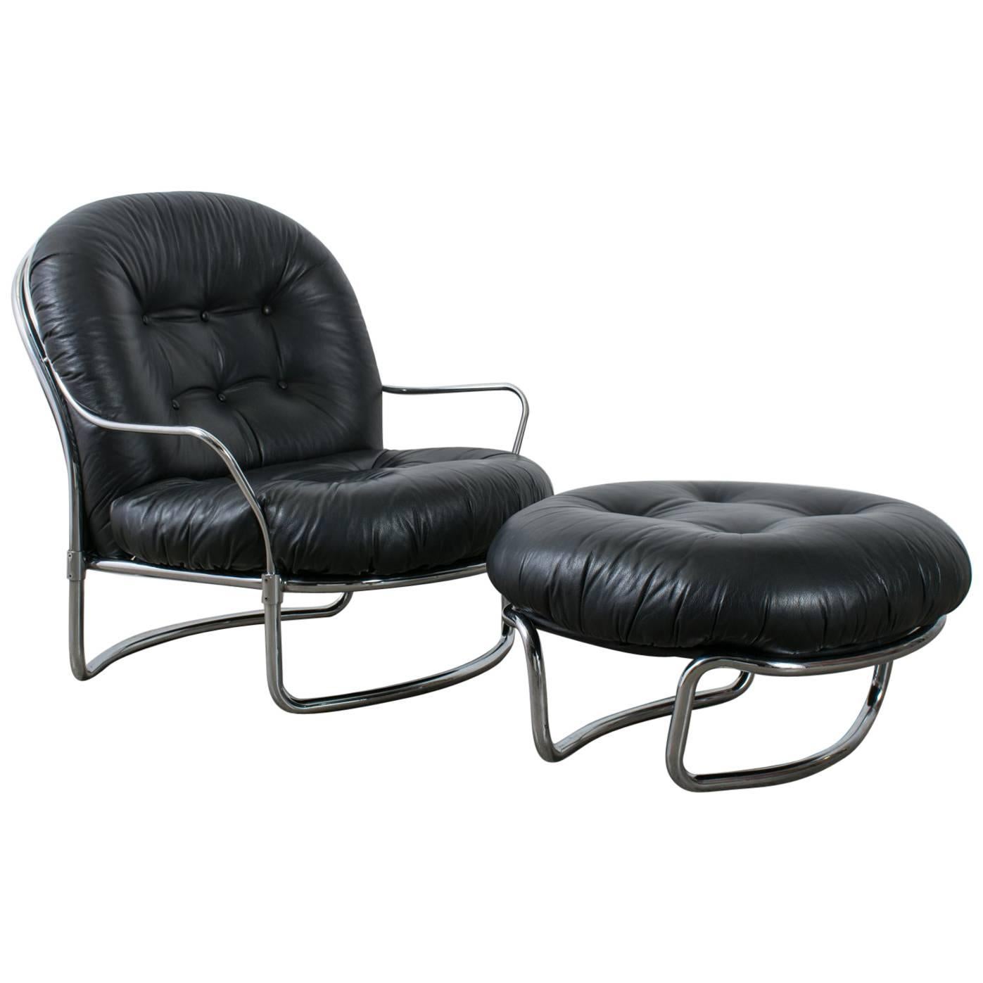 Carlo di Carli Black Leather Lounge Chair and Ottoman, Italy, 1960s For Sale