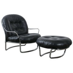 Carlo di Carli Black Leather Lounge Chair and Ottoman, Italy, 1960s