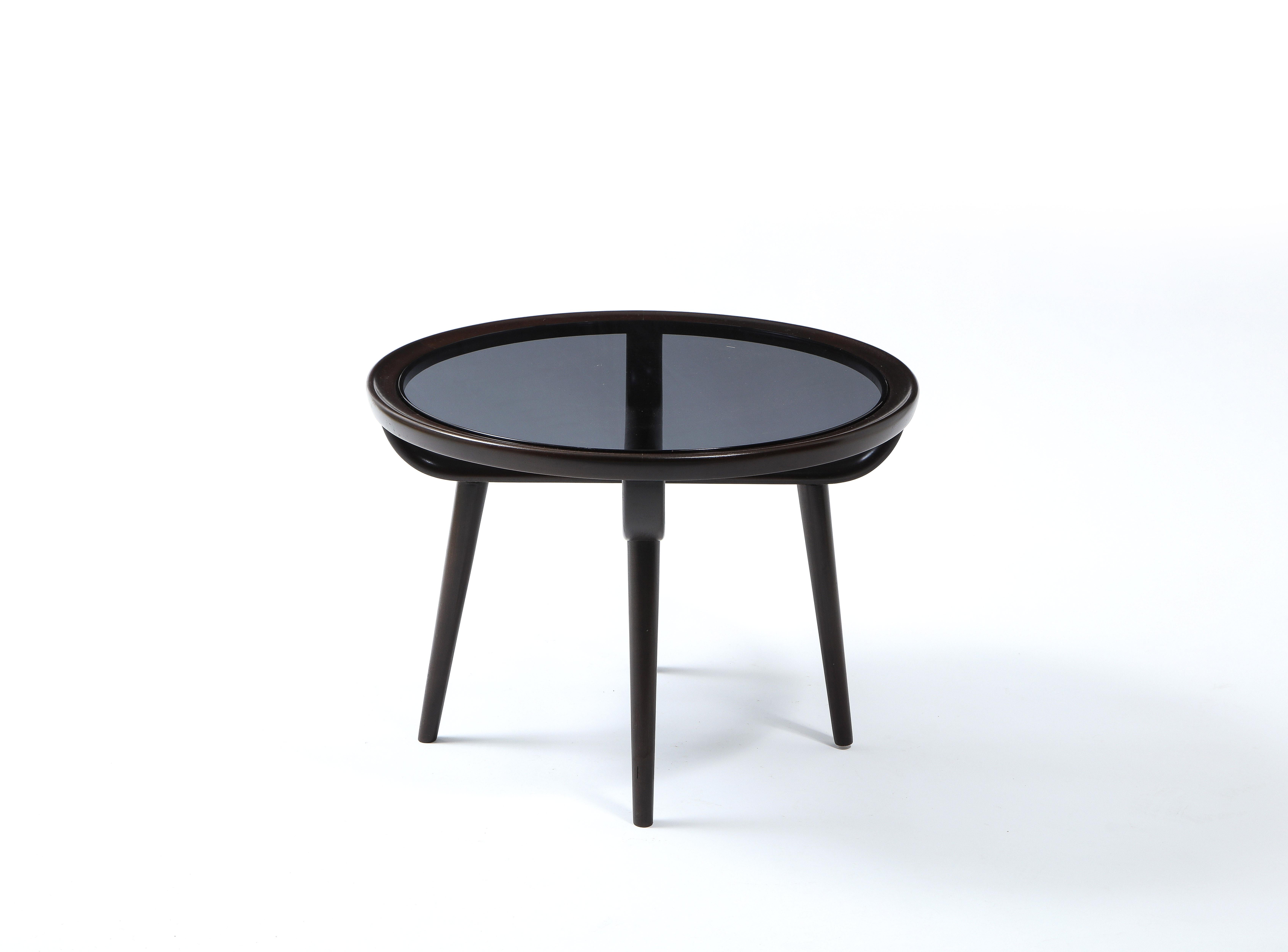 Carlo di Carli Small Dark Walnut & Glass Round Coffee Table, Italy 1960's In Good Condition For Sale In New York, NY