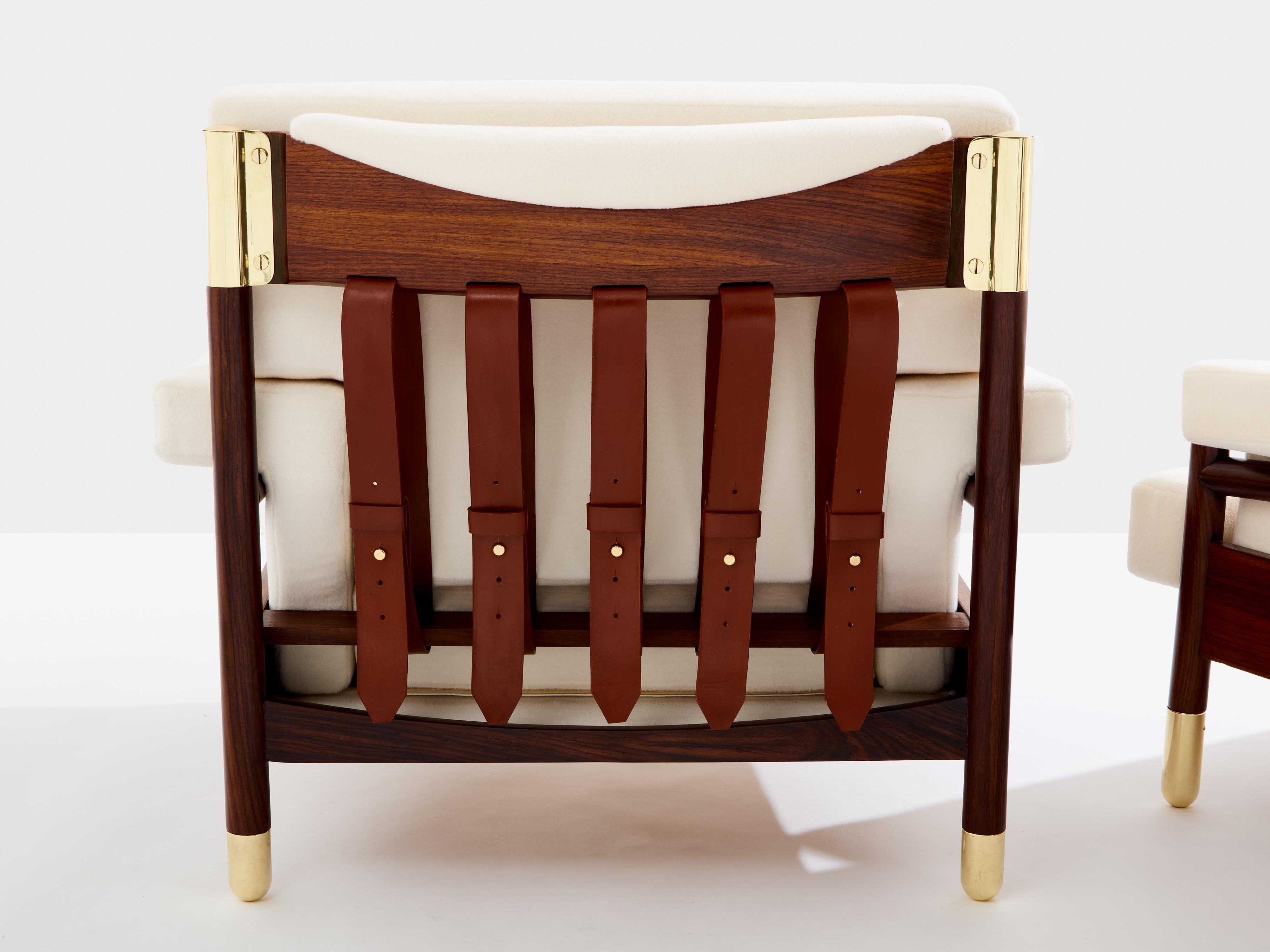 Carlo Di Carli pair of armchairs rosewood brass leather 1966 For Sale 2
