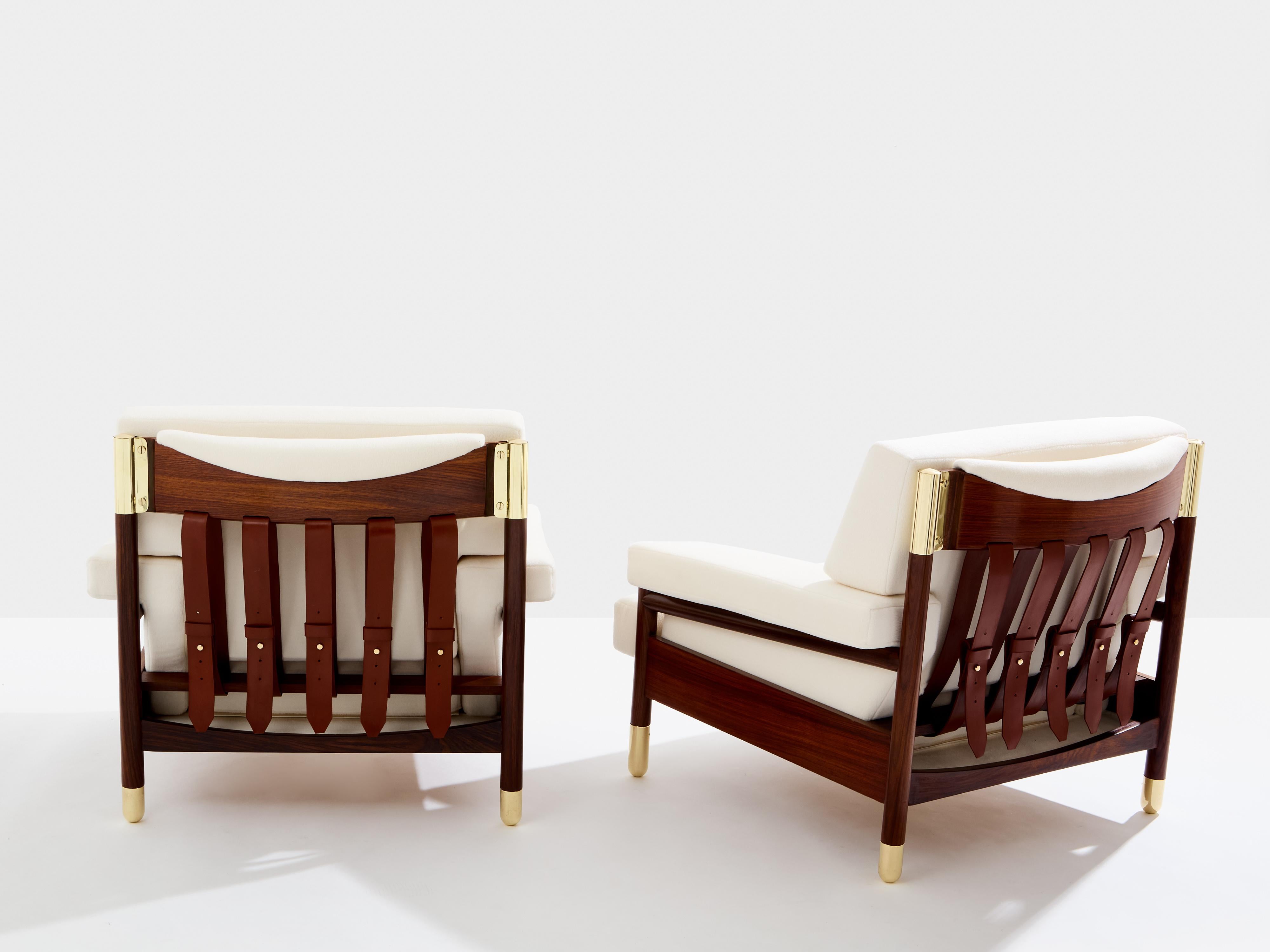 Italian Carlo Di Carli pair of armchairs rosewood brass leather 1966 For Sale