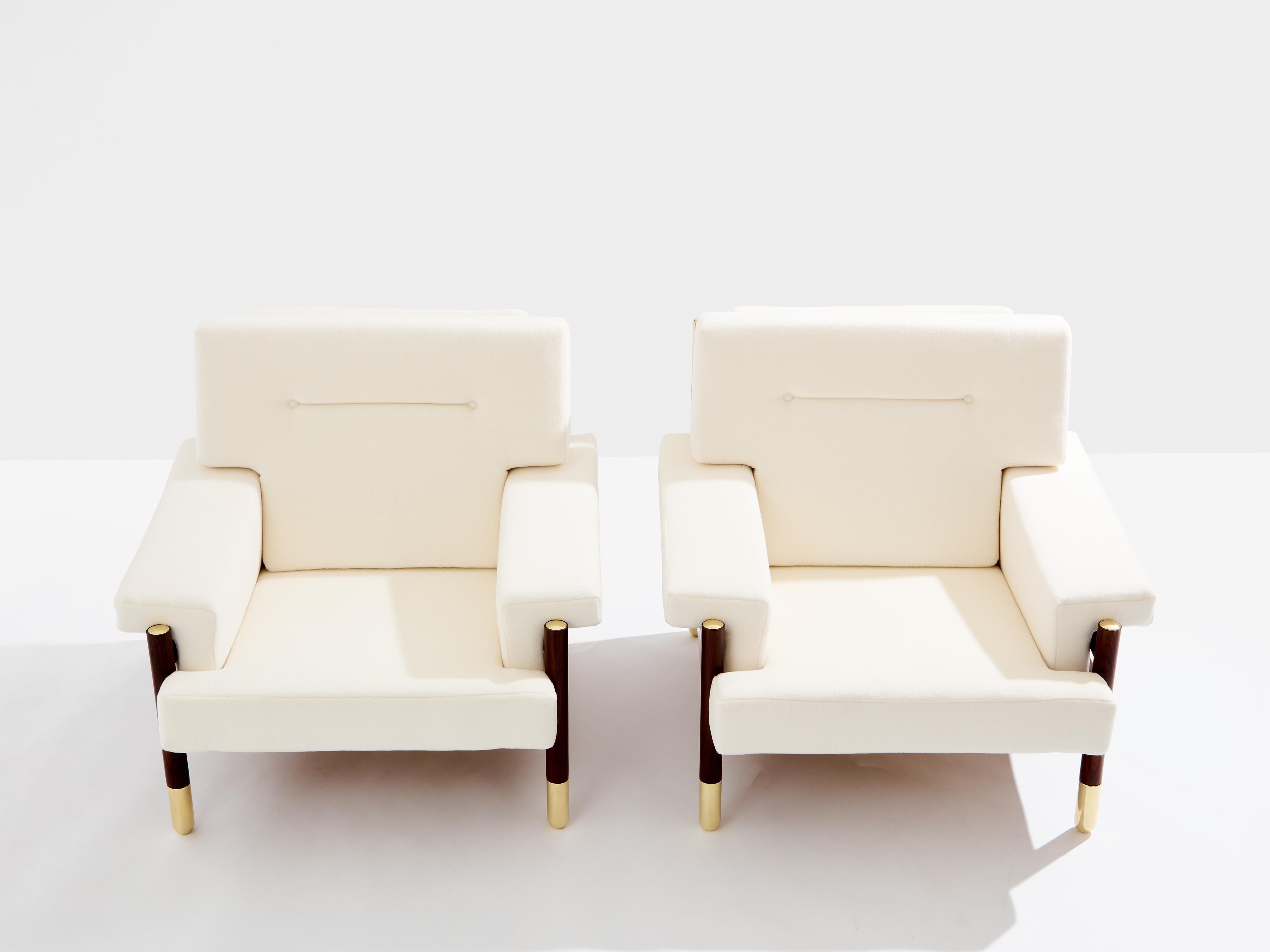 Mid-20th Century Carlo Di Carli pair of armchairs rosewood brass leather 1966 For Sale
