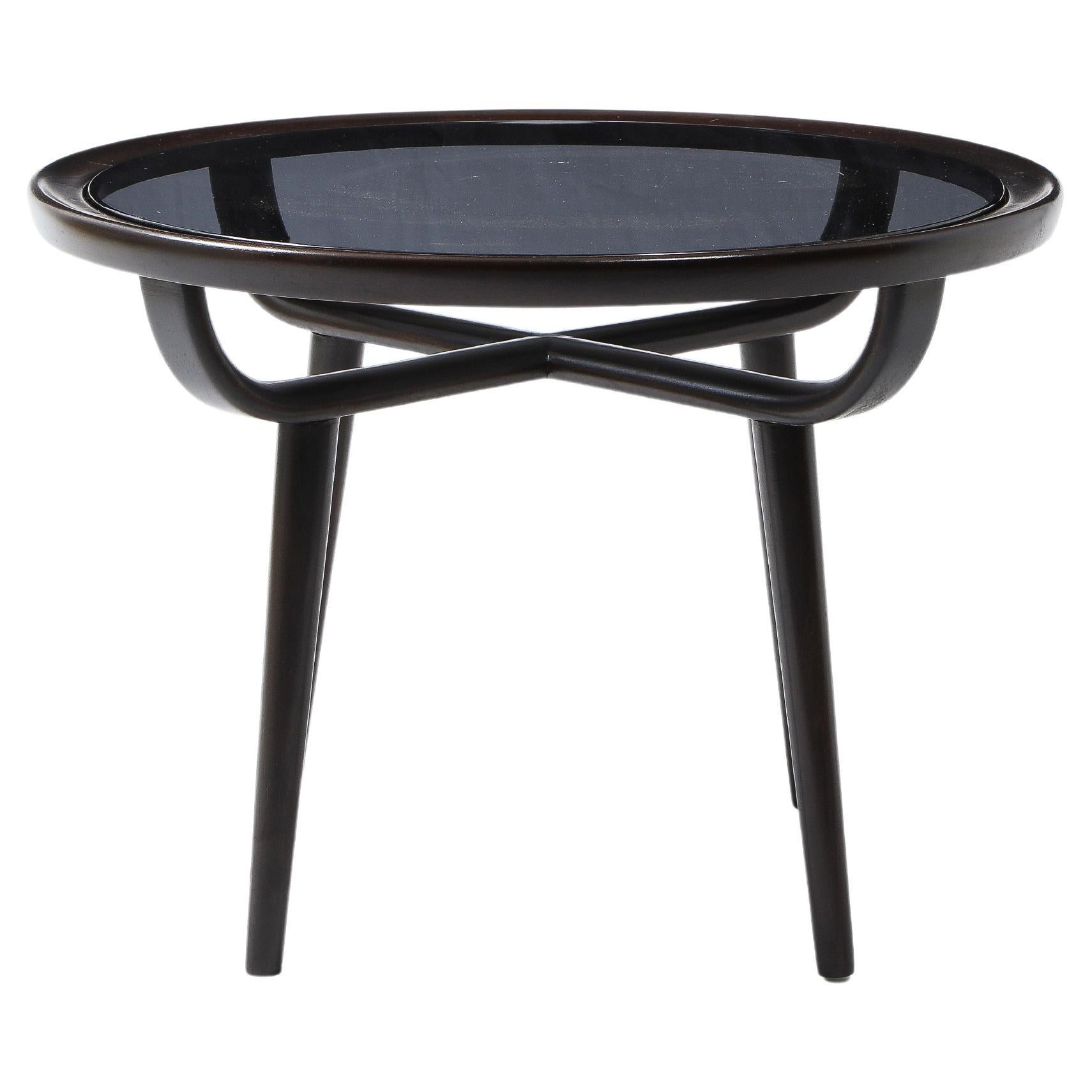 Carlo di Carli Small Dark Walnut & Glass Round Coffee Table, Italy 1960's
