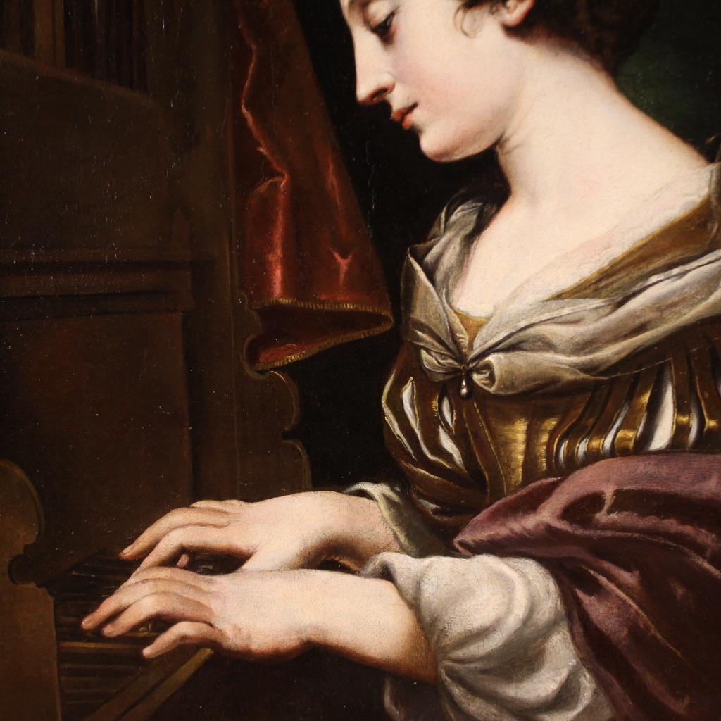 óleo sobre lienzo del siglo XVII Pintura religiosa italiana Santa Cecilia al órgano 7