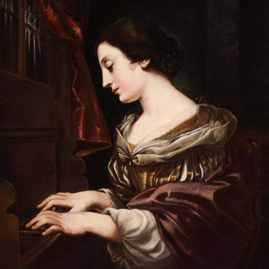 óleo sobre lienzo del siglo XVII Pintura religiosa italiana Santa Cecilia al órgano - Painting de Carlo Dolci