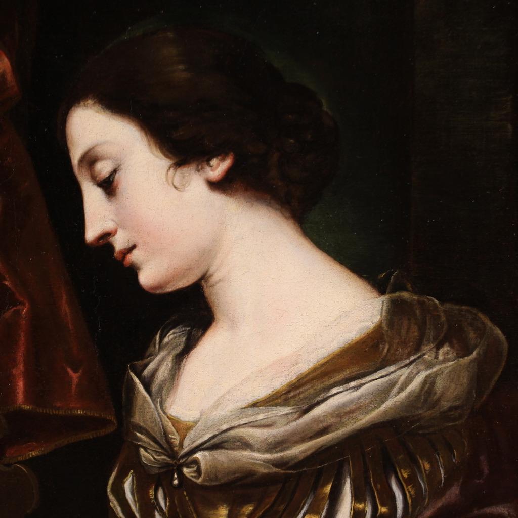 óleo sobre lienzo del siglo XVII Pintura religiosa italiana Santa Cecilia al órgano - Figurative Painting Black de Carlo Dolci