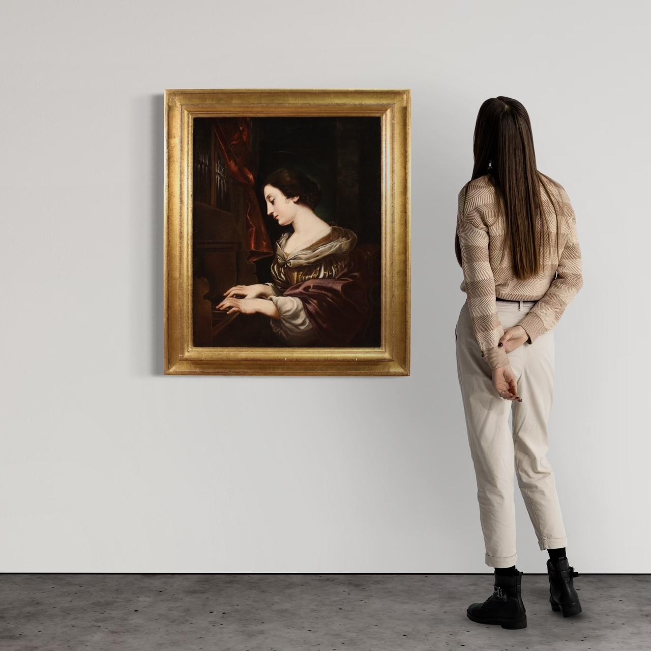 Gran pintura italiana del siglo XVII. Óleo sobre lienzo que representa una maravillosa Santa Cecilia al órgano, de notable calidad pictórica. Pintura atribuible al taller de Carlo Dolci (1616-1686), sin autentificar. Dotado de una técnica soberbia,