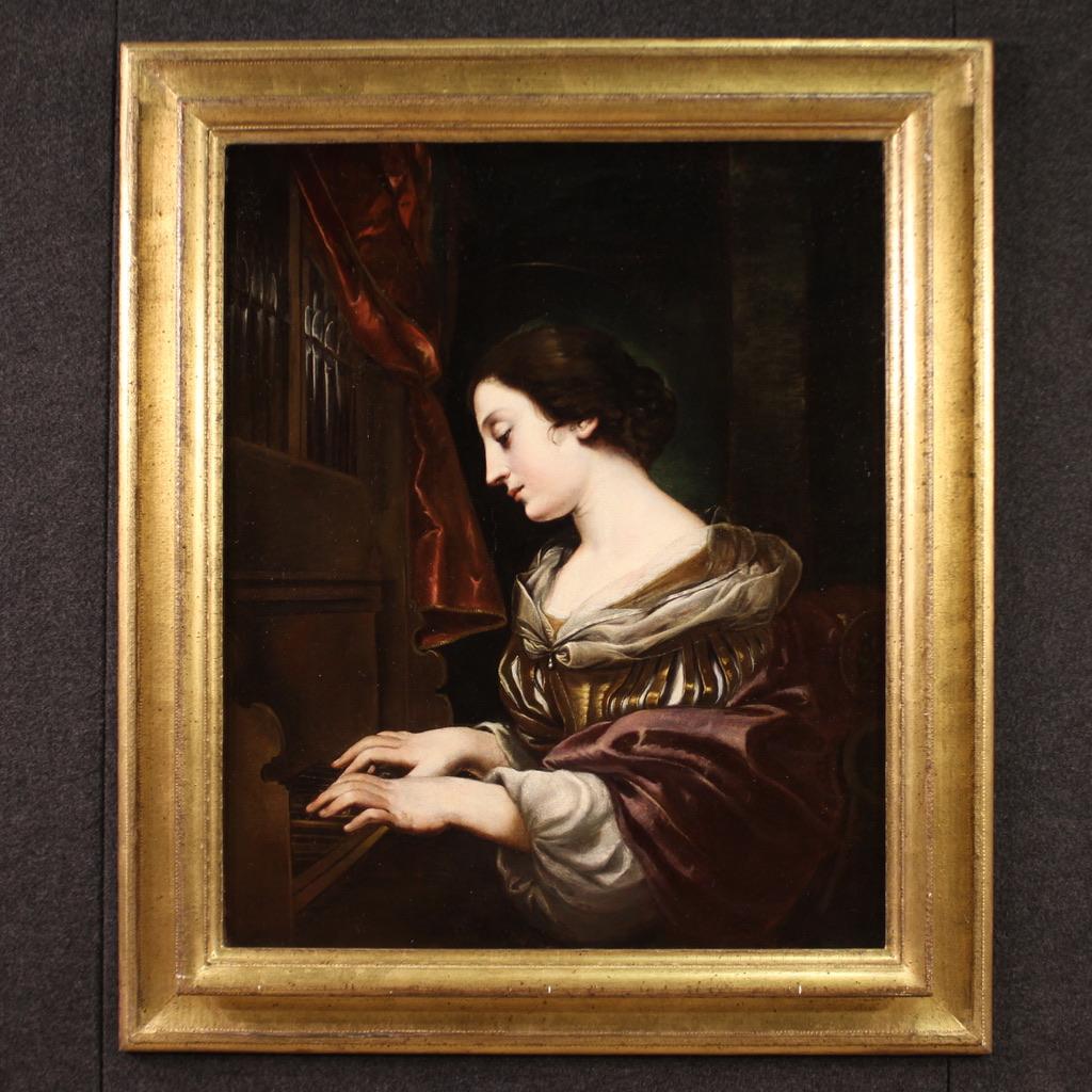 Figurative Painting de Carlo Dolci - óleo sobre lienzo del siglo XVII Pintura religiosa italiana Santa Cecilia al órgano