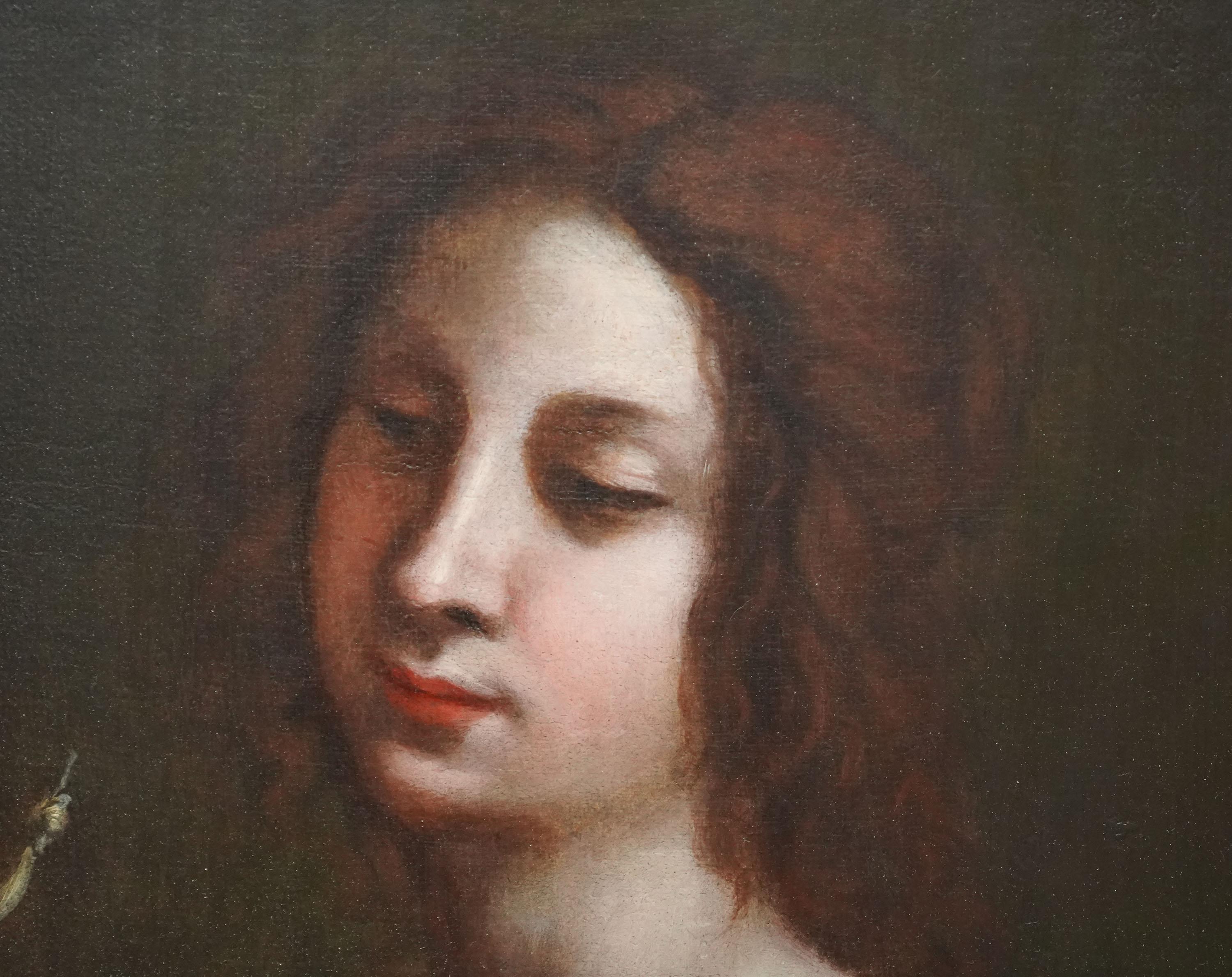 Portrait of a Lady Holding Statuette - Italian Baroque Old Master oil painting - Black Portrait Painting by Carlo Dolci