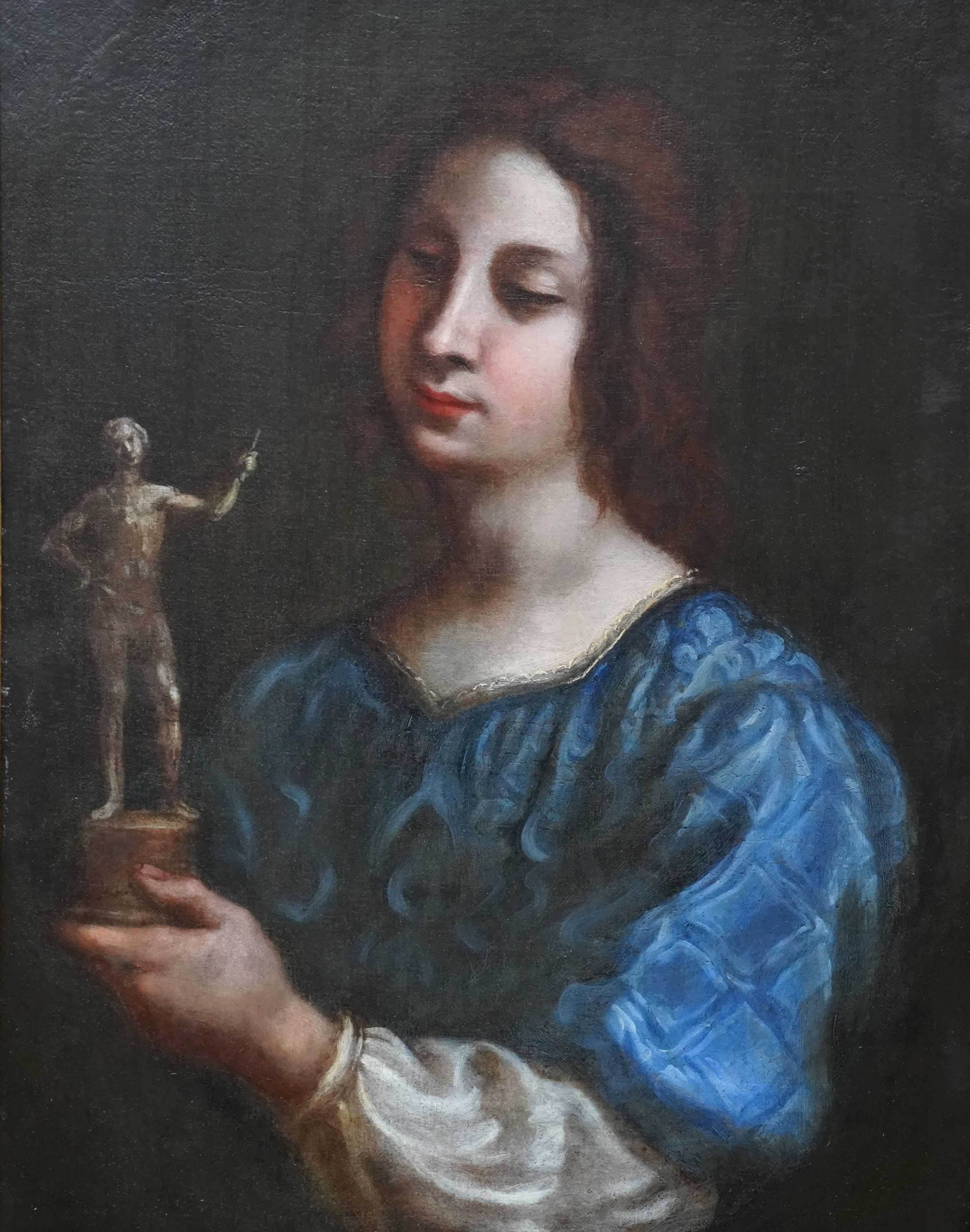 Portrait of a Lady Holding Statuette - Italian Baroque Old Master oil painting For Sale 4