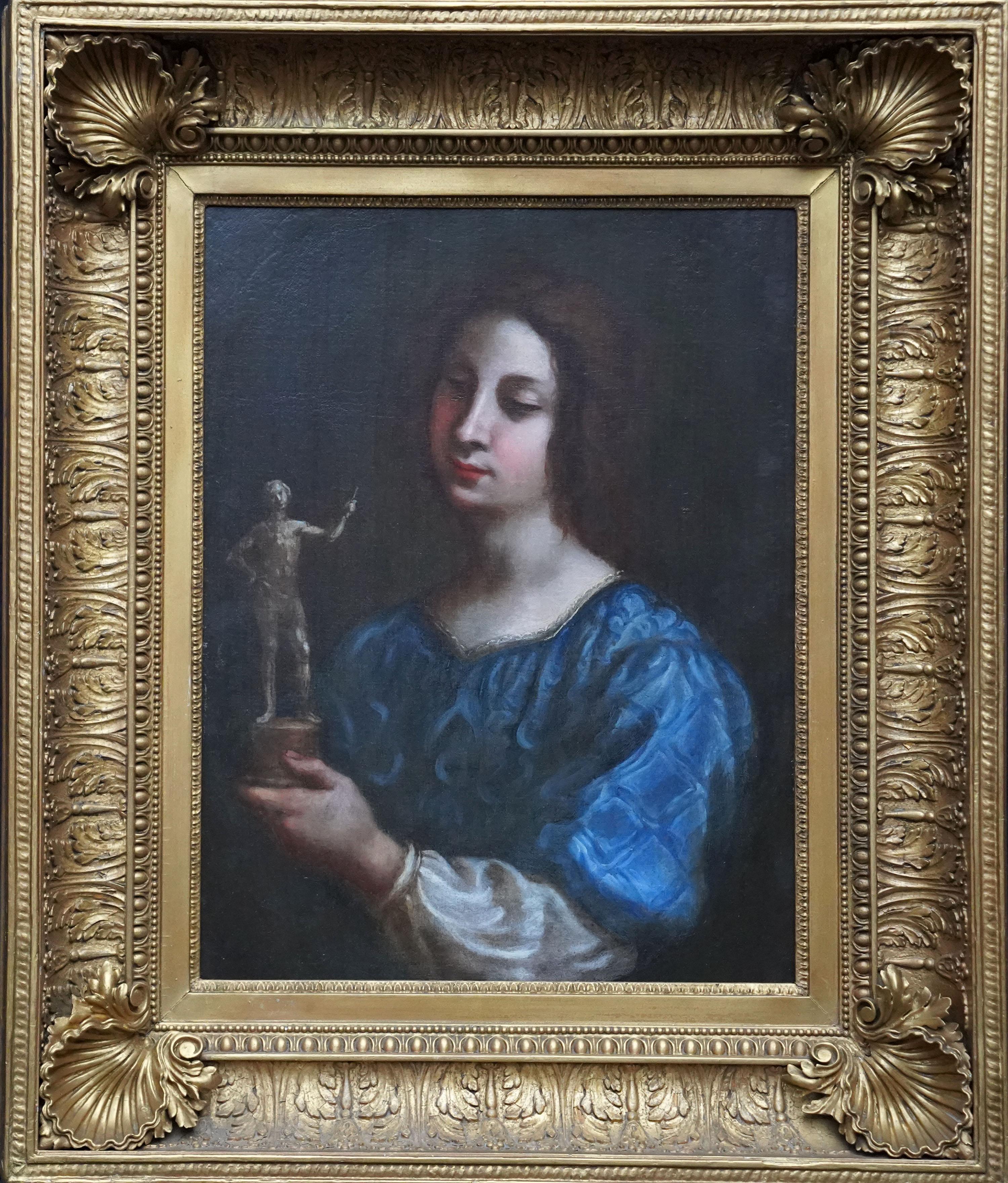 Carlo Dolci Portrait Painting - Portrait of a Lady Holding Statuette - Italian Baroque Old Master oil painting