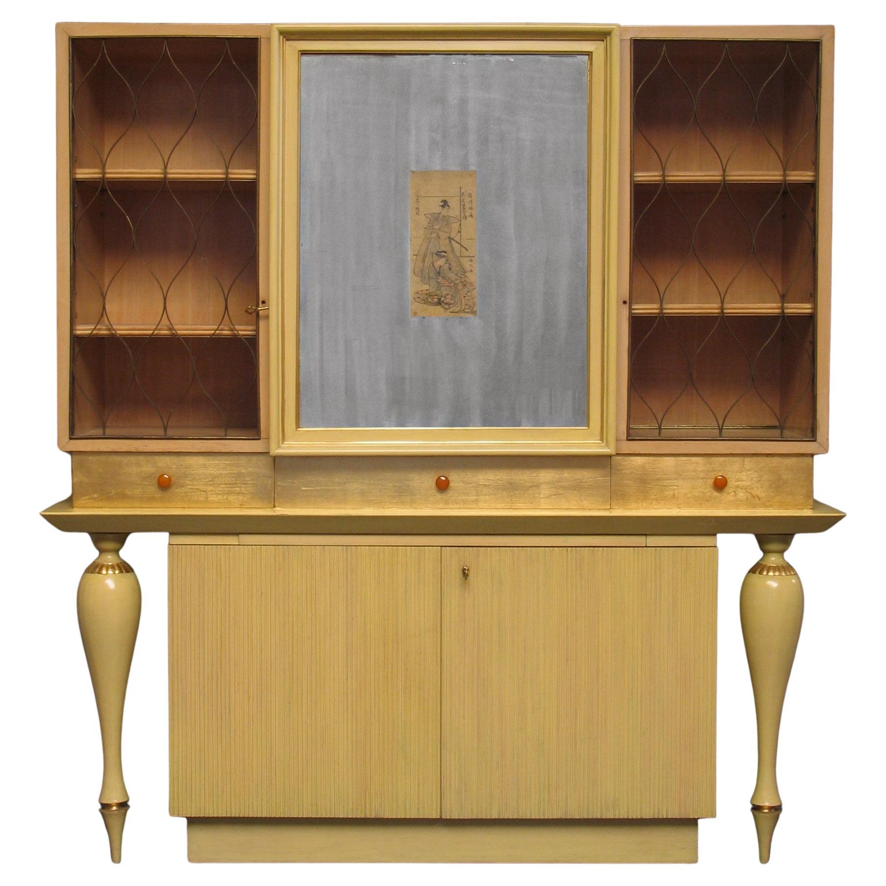 Carlo Enrico Rava Zweiteiliger Kabinettschrank mit Edo-Druck und Balusterfüßen, 1940er Jahre im Angebot