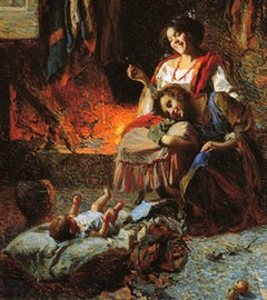 Happy Hours in the Family. Oil Landscape Painting, 19th century Italian, Realism