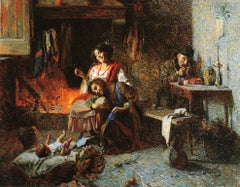 Antique Happy Hours in the Family. Oil Landscape Painting, 19th century Italian, Realism