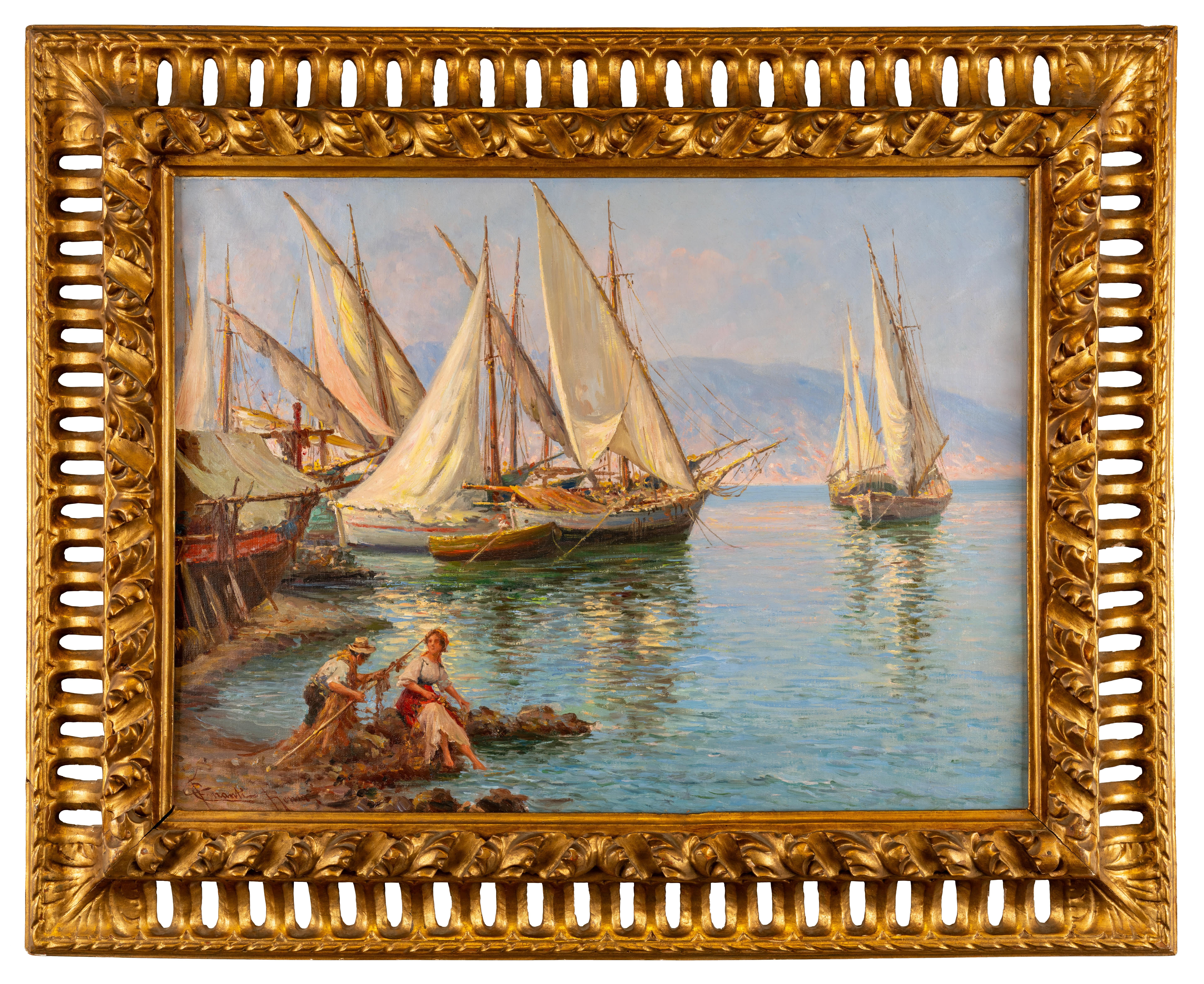 Carlo Ferranti Figurative Painting - Bay of Naples with Figures