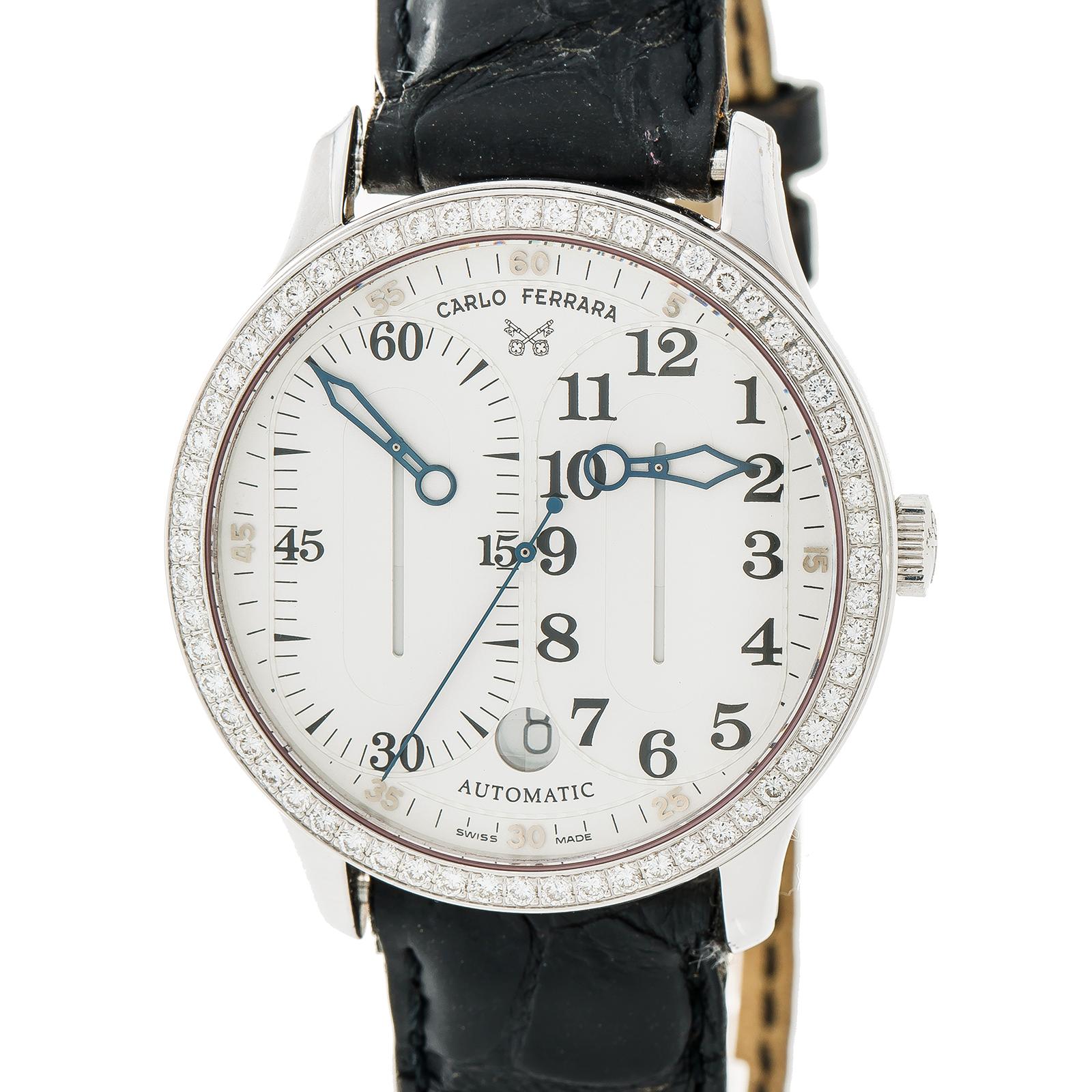 Contemporary Carlo Ferrara Regolatore MCMXCVII Mens Automatic Watch White Dial Diamond Bezel For Sale