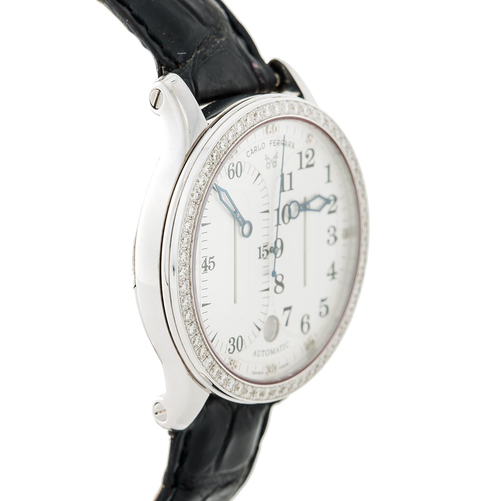 Contemporary Carlo Ferrara Regolatore MCMXCVII Mens Automatic Watch White Dial Diamond Bezel For Sale