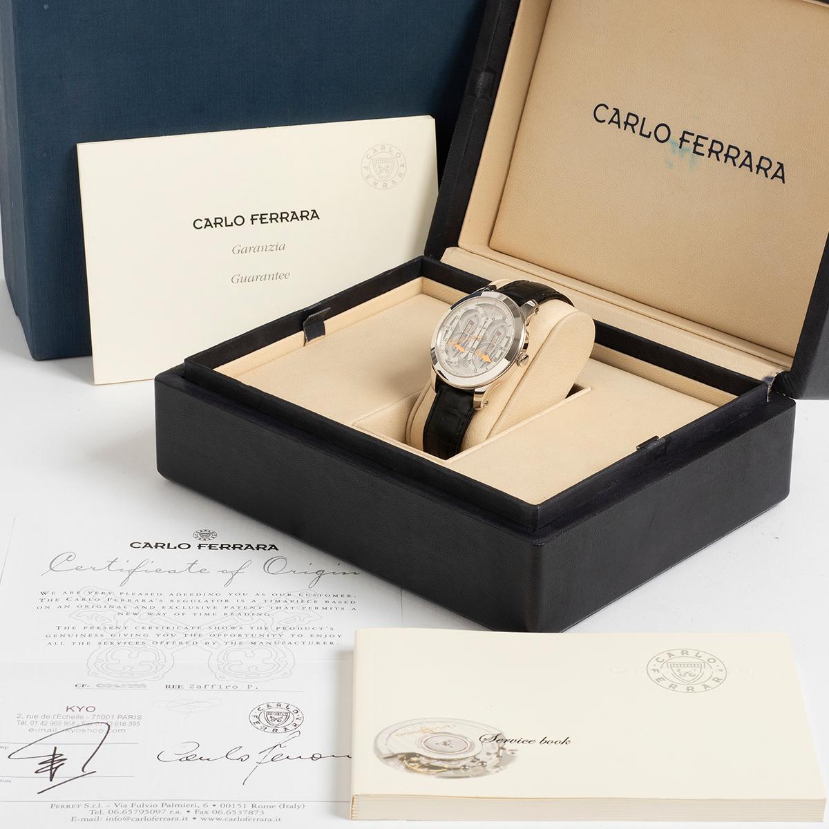 One of a limited edition of 200 worldwide in white gold, our Carlo Ferrara Zapphiro features a 41mm 18k white gold case (stamped 750) with black leather strap, signed Carlo Ferrara, and deployant clasp (stamped 750/ 18k white gold). Carlo Ferrara