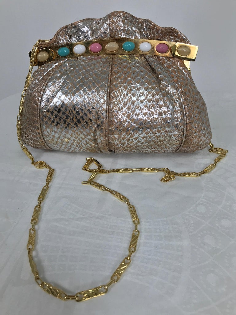 Carlo Fiori Silver Coral Faux Snake Jewel Clasp Evening Bag 1980s For Sale 1