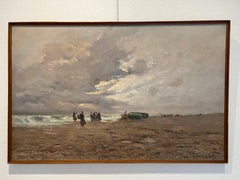 Fishermen at Low Tide, Oil on Canvas, Framed, 20th Century, Atmospheric Marine