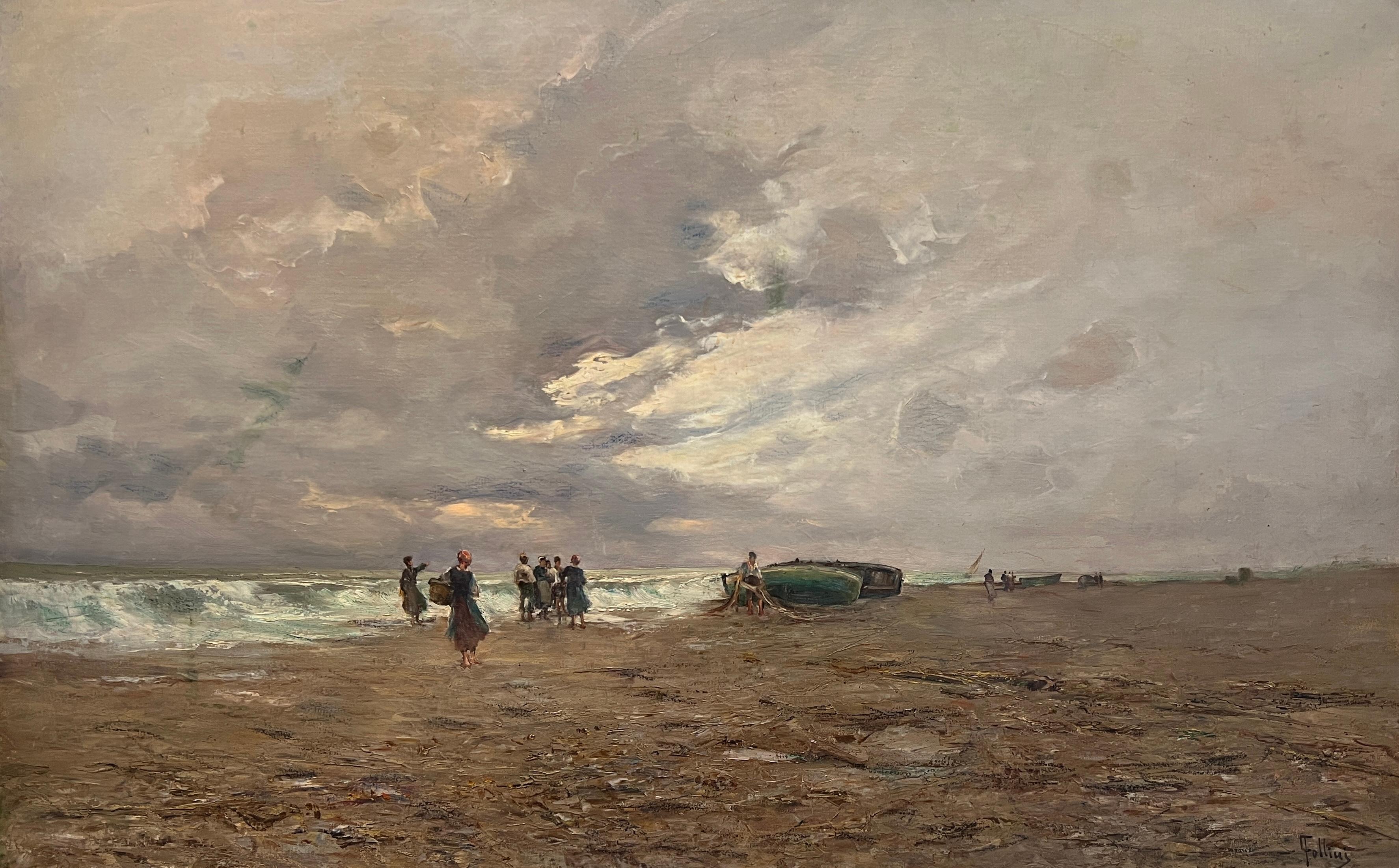 Carlo Follini Landscape Painting - Fishermen at low tide