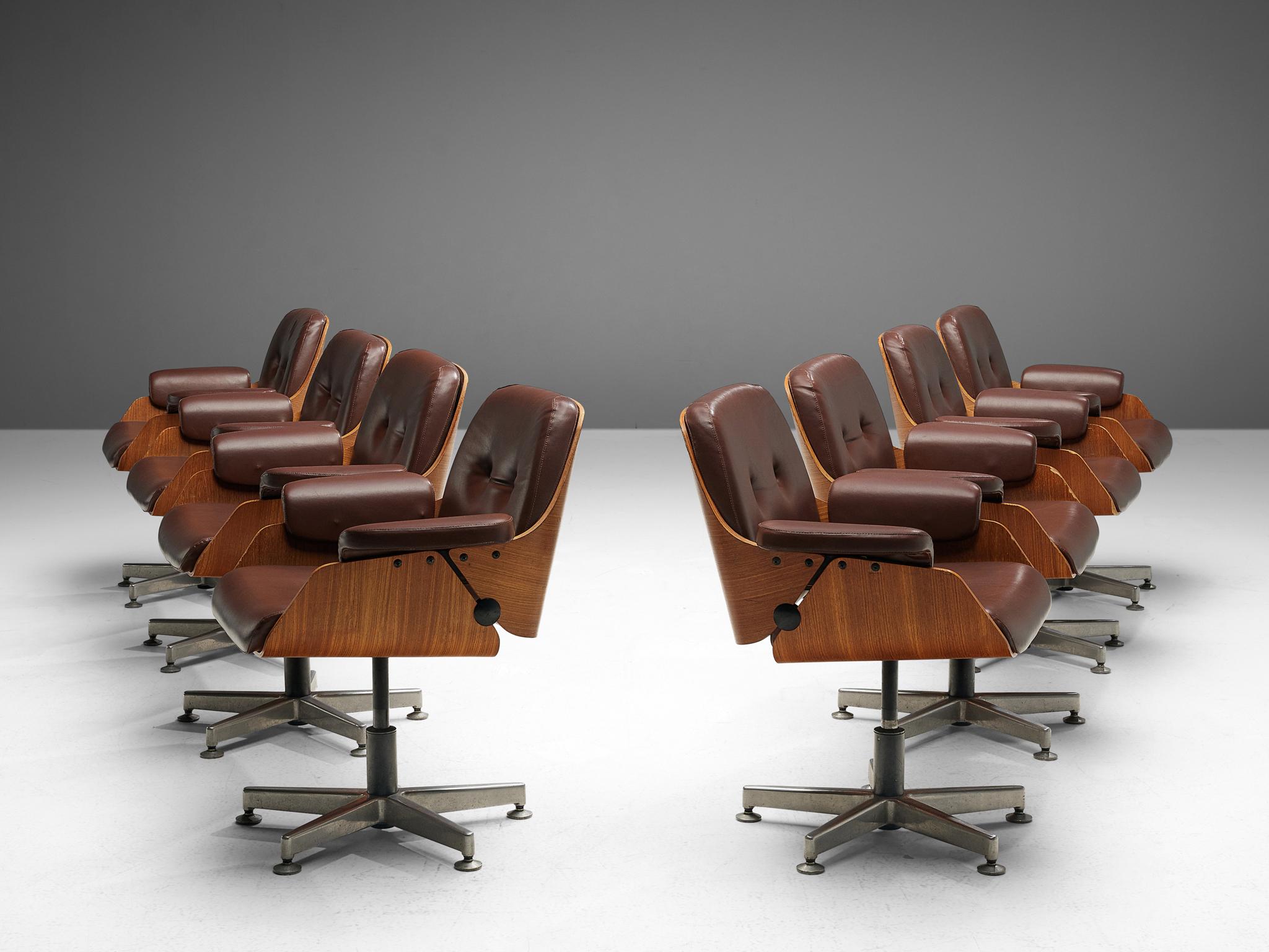 Brazilian Carlo Fongaro Set of Eight Conference Chairs ‘Probjeto’ in Mahogany and Leather