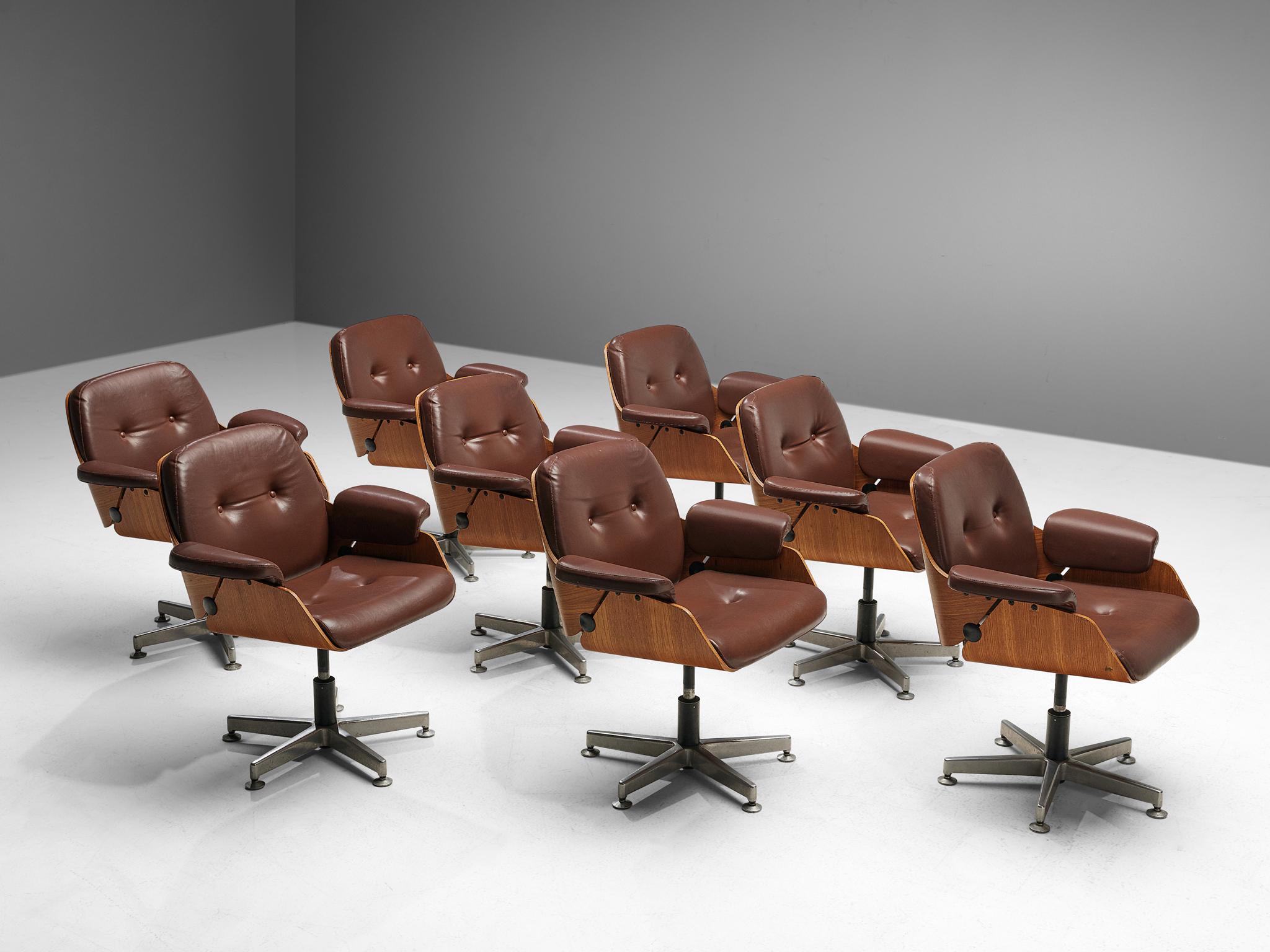 Aluminum Carlo Fongaro Set of Eight Conference Chairs ‘Probjeto’ in Mahogany and Leather