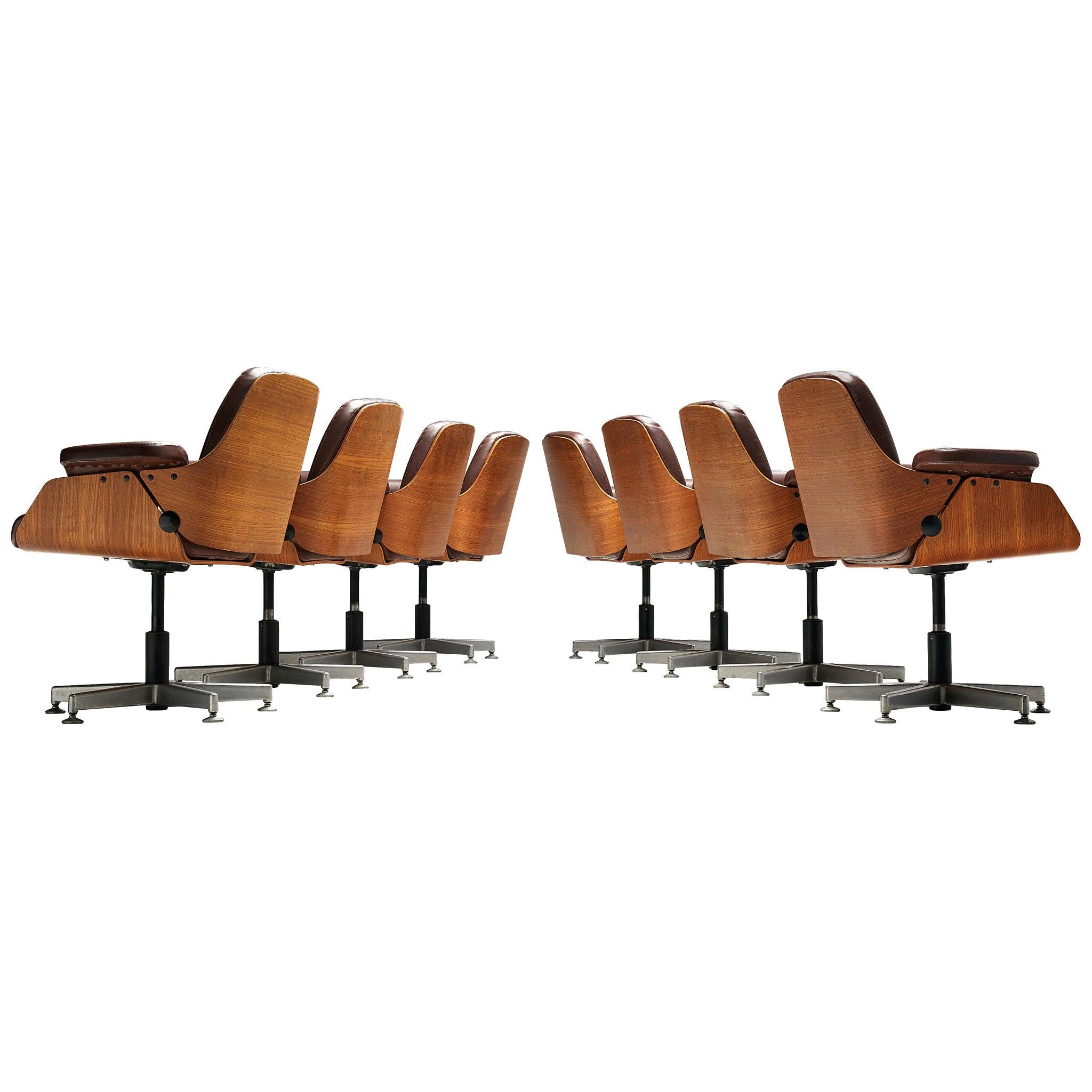 Carlo Fongaro Set of Eight Conference Chairs ‘Probjeto’ in Mahogany and Leather