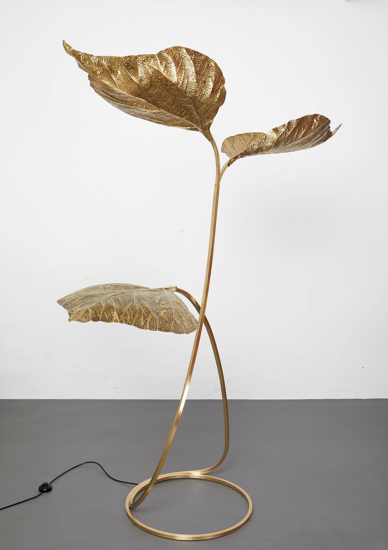 Carlo Giorgi Rabarbaro (rhubarb) brass floor lamp with three leaves for Bottega Gadda, Italy, 1970.

This gorgeous brass floor lamp is often wrongly attributed to Tommaso Barbi but has been actually designed by Italian artist and sculptor Carlo