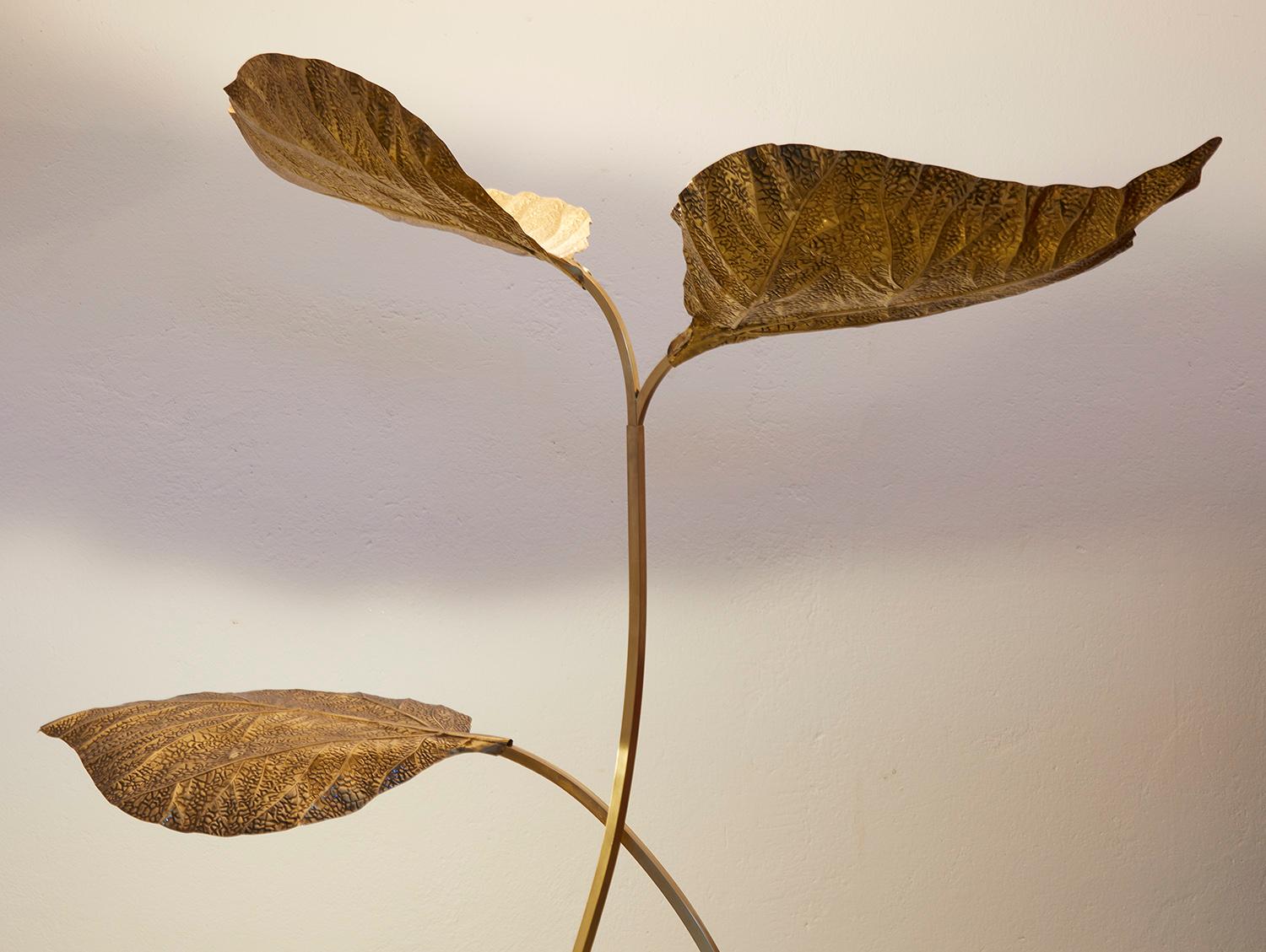 Hammered Carlo Giorgi Brass Floor Lamp with Three Leaves, Italy 1970 Tommaso Barbi