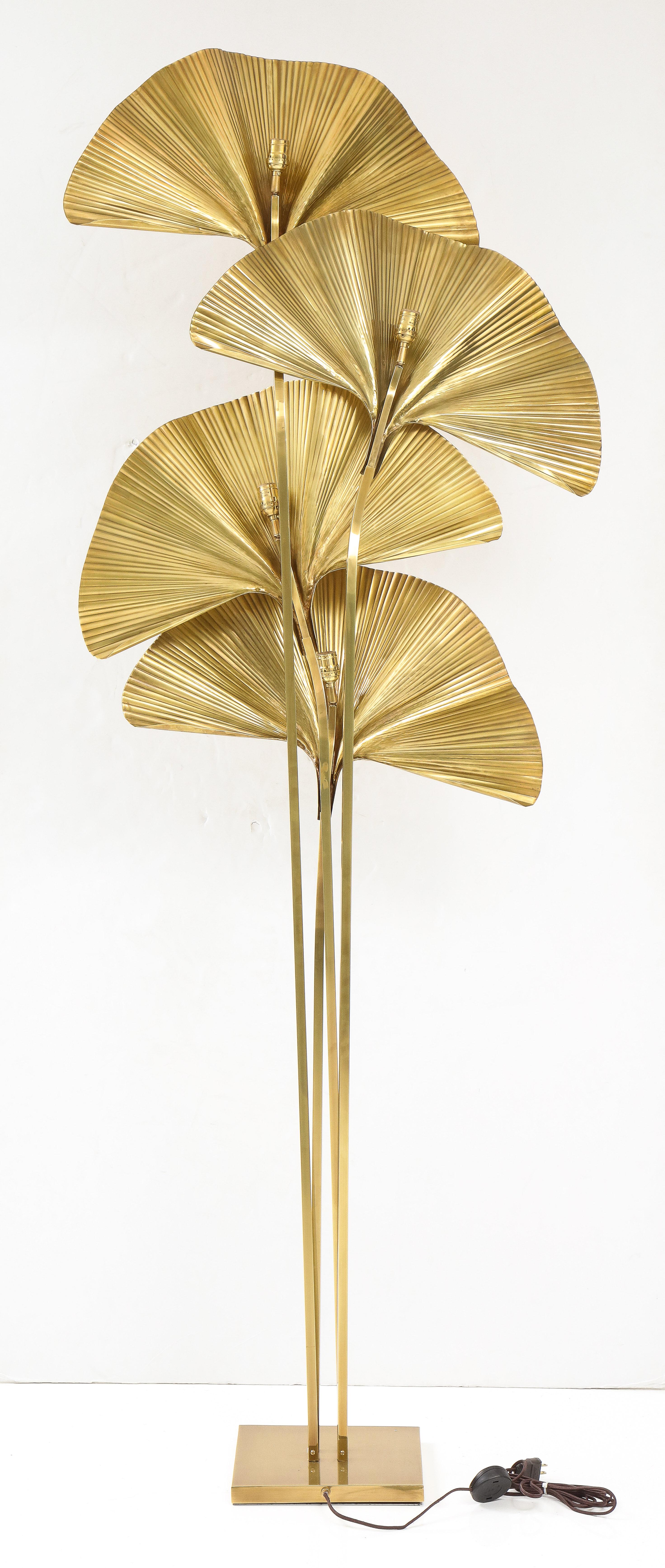 Italian Carlo Giorgi for Bottega Gadda Four-Leaf Brass Ginkgo Floor Lamp, Italy 1970s