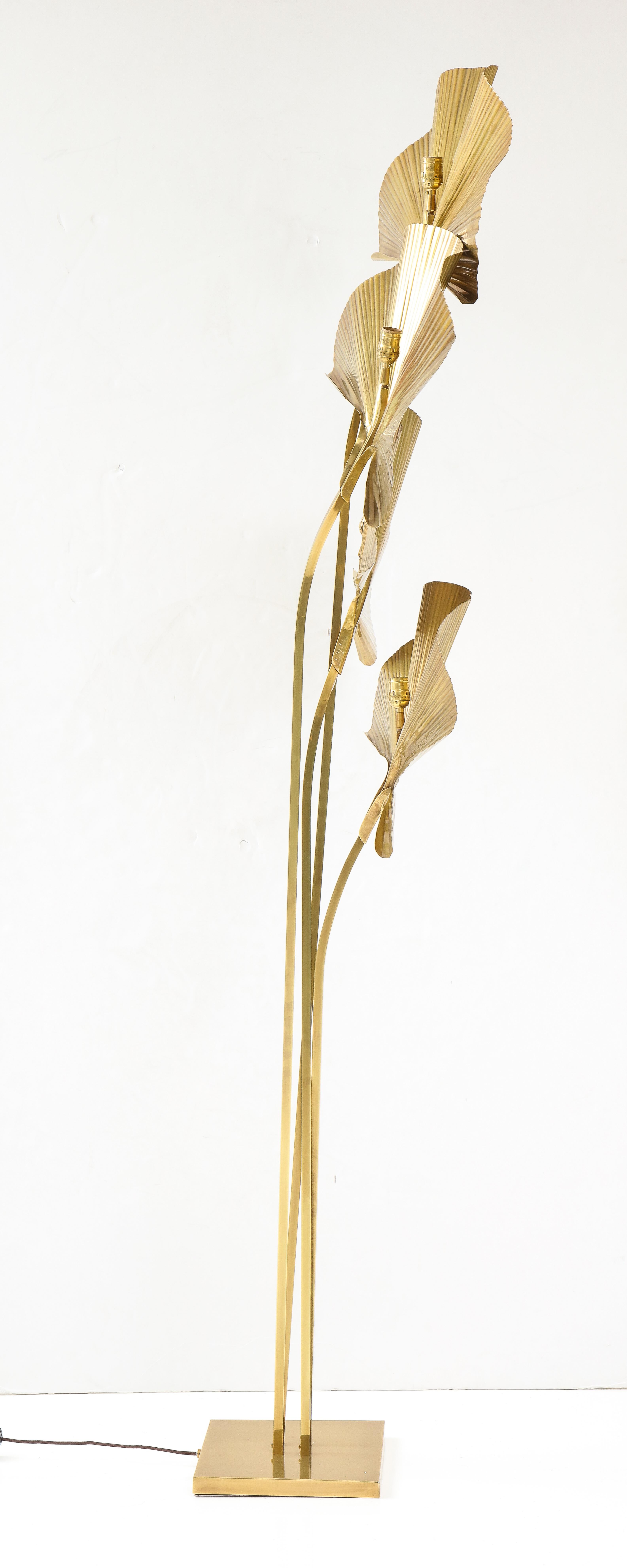 Embossed Carlo Giorgi for Bottega Gadda Four-Leaf Brass Ginkgo Floor Lamp, Italy 1970s