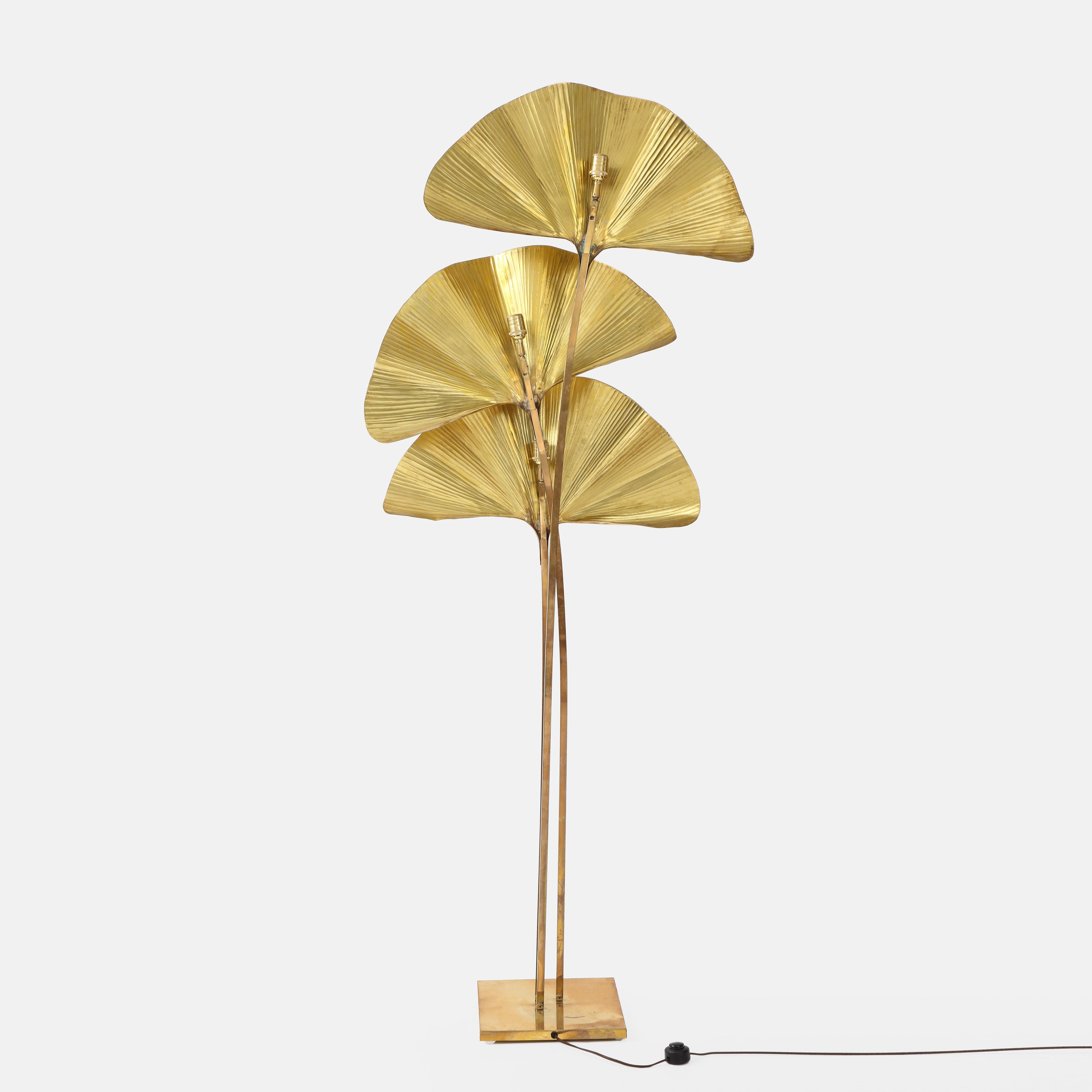 Embossed Carlo Giorgi for Bottega Gadda Gingko Leaf Brass Floor Lamp, Italy, 1970s