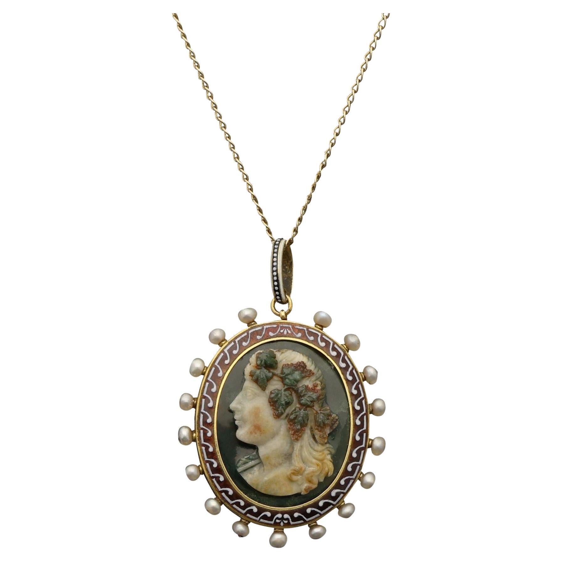 Carlo Giuliano Hardstone Cameo of Bacchus Gold and Enamel Pendant, circa 1880s For Sale