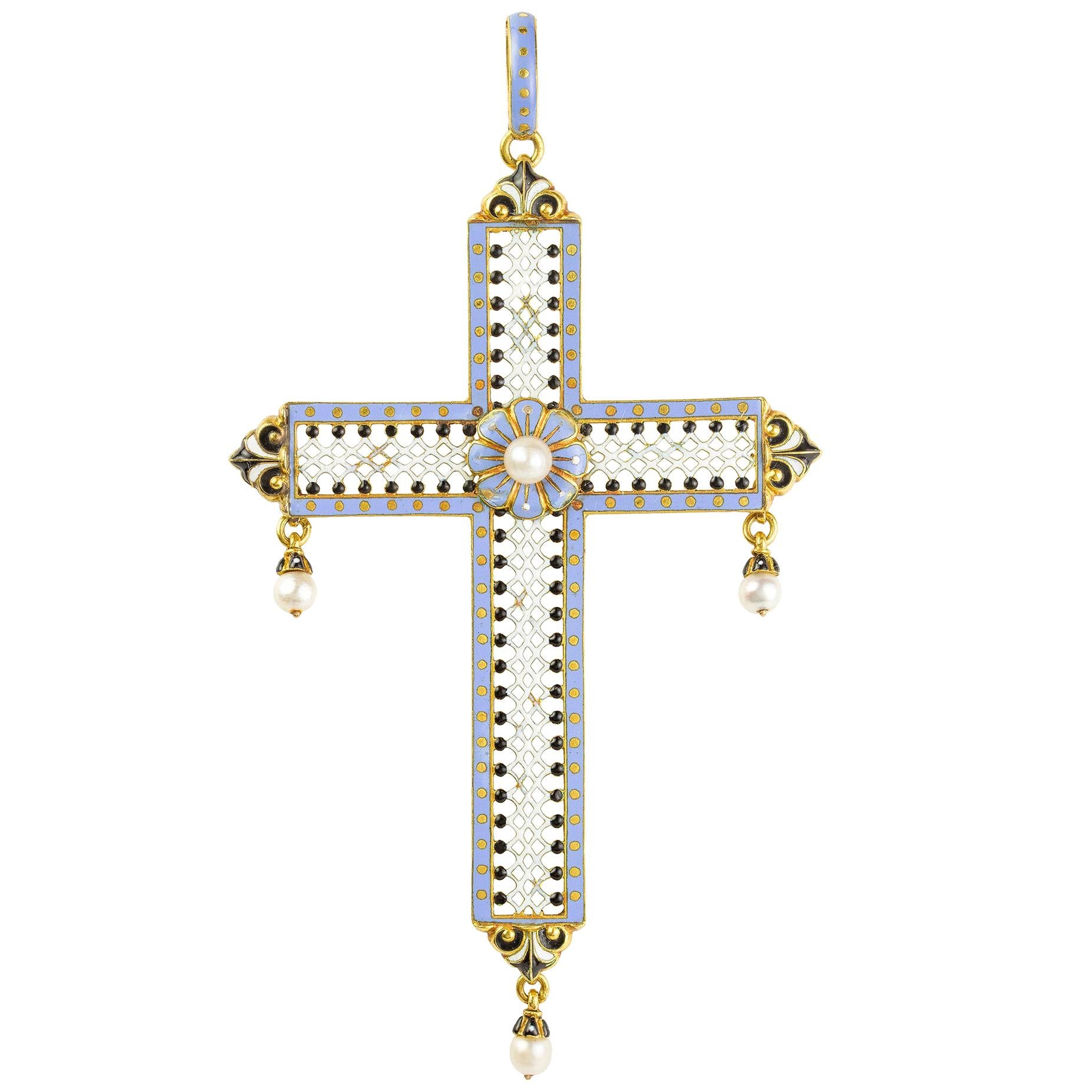 Carlo Giuliano Lilac Enamel and Pearl Cross Pendant For Sale