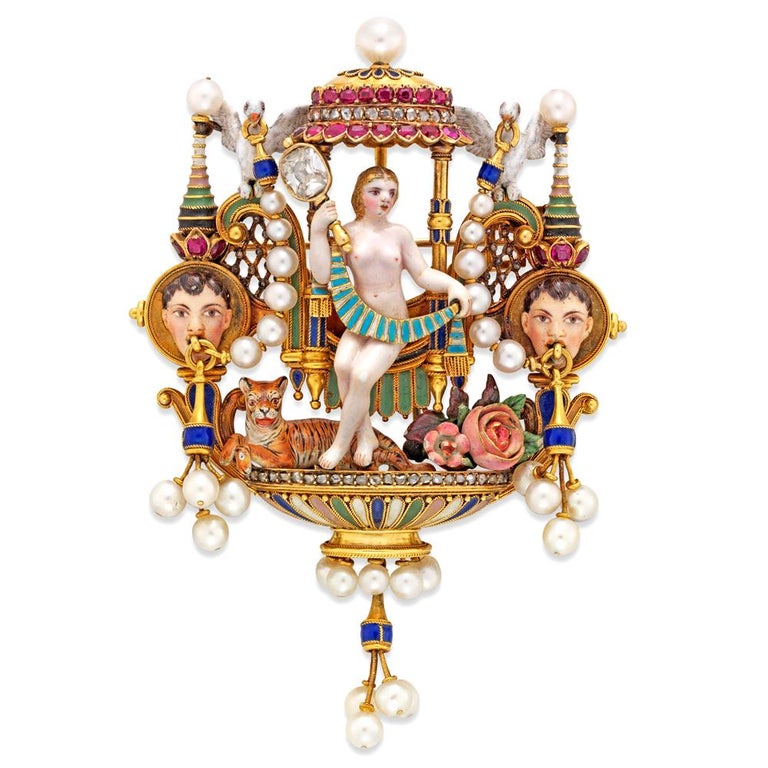 Old European Cut An Important Giuliano Renaissance-Revival Brooch For Sale